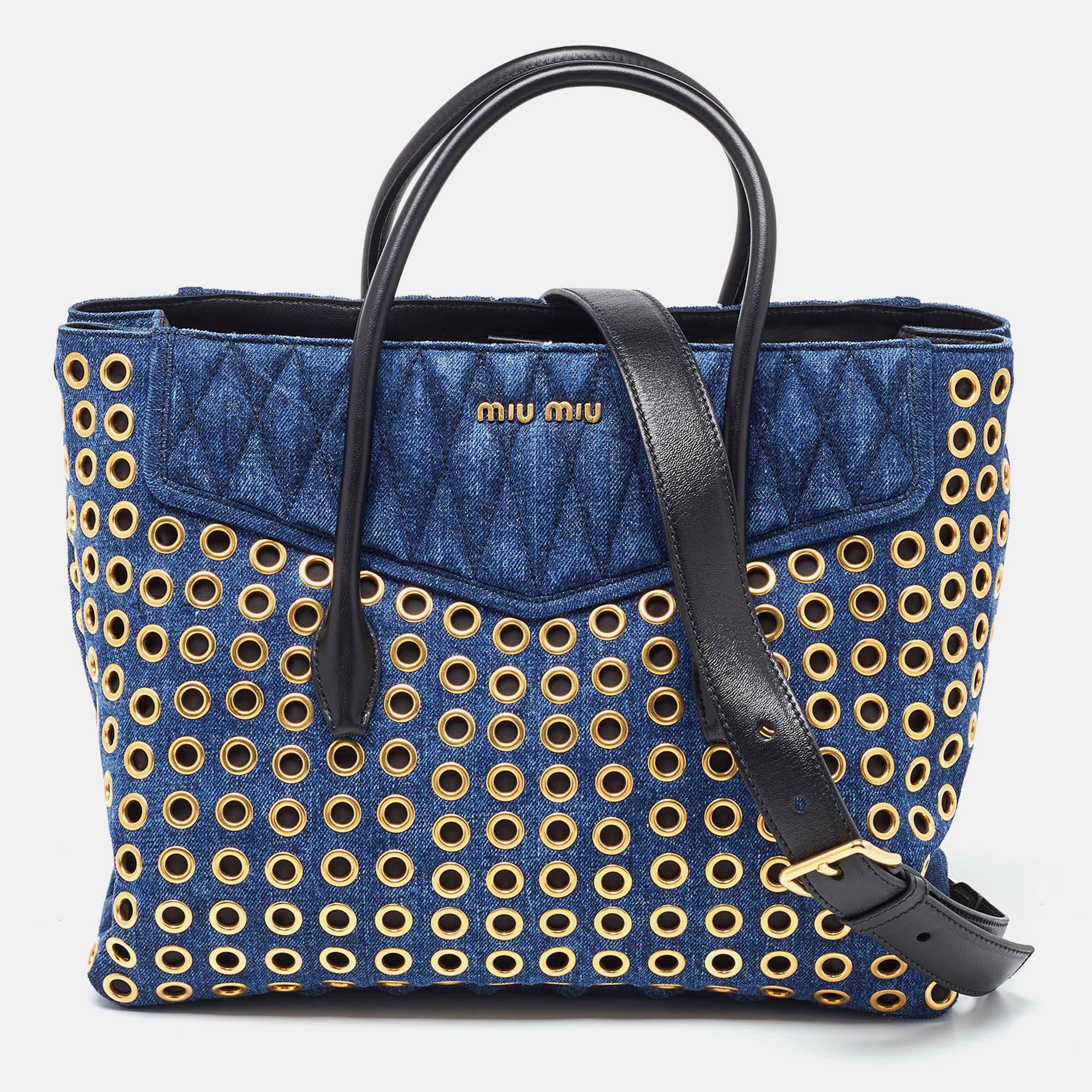 

Miu Miu Blue Matelassé Denim Grommet Tote