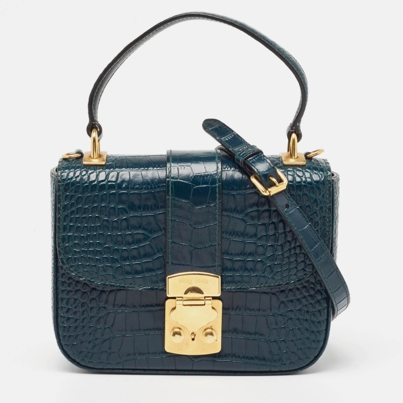 

Miu Miu Teal Croc Embossed Leather Pushlock Flap Top Handle Bag, Blue