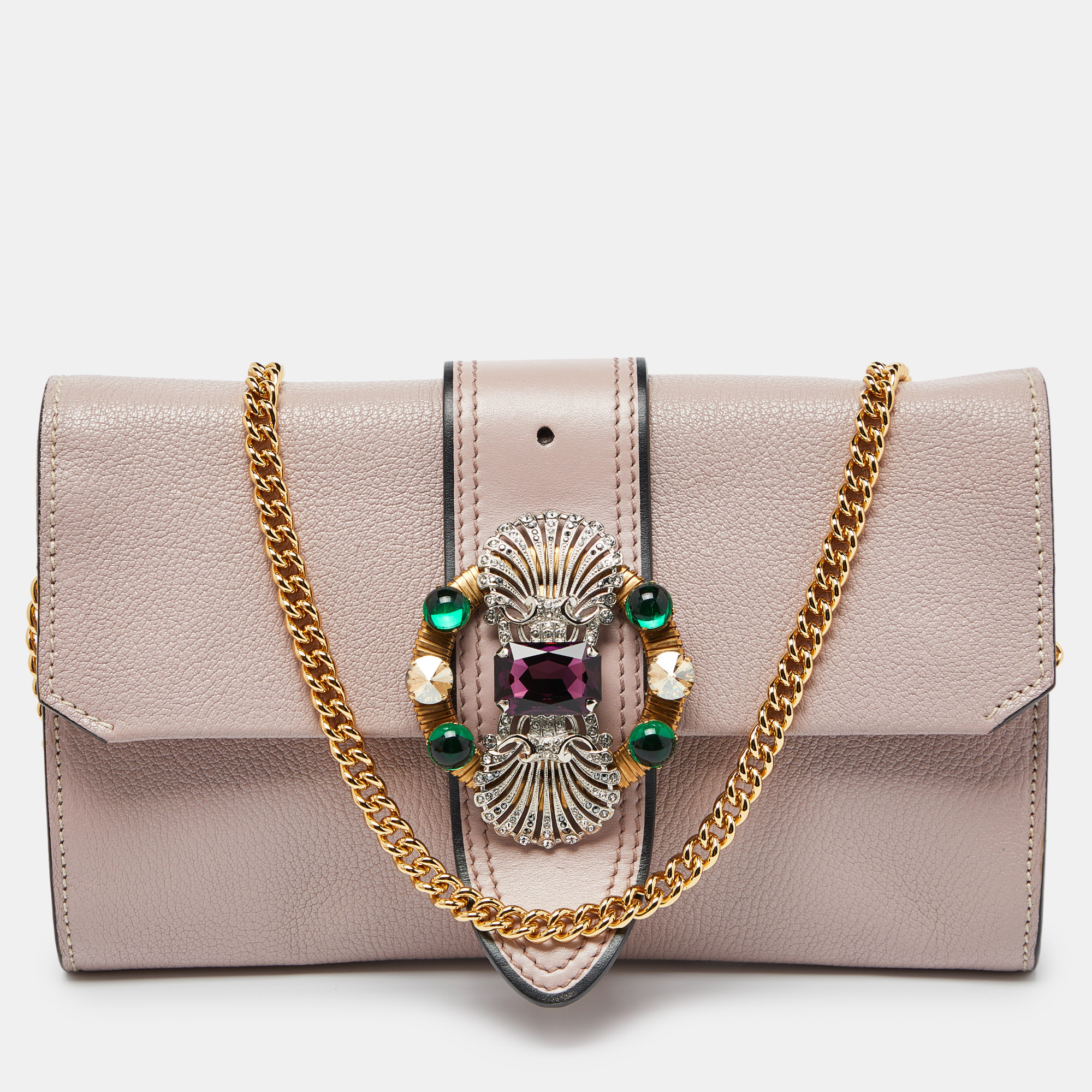 

Miu Miu Dusty Pink Leather Crystal Embellished Buckle Flap Chain Clutch