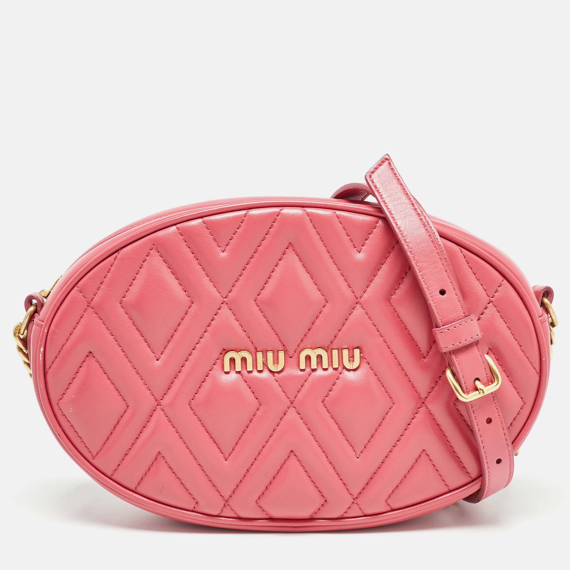 

Miu Miu Pink Quilted Leather Oval Crossbody Bag