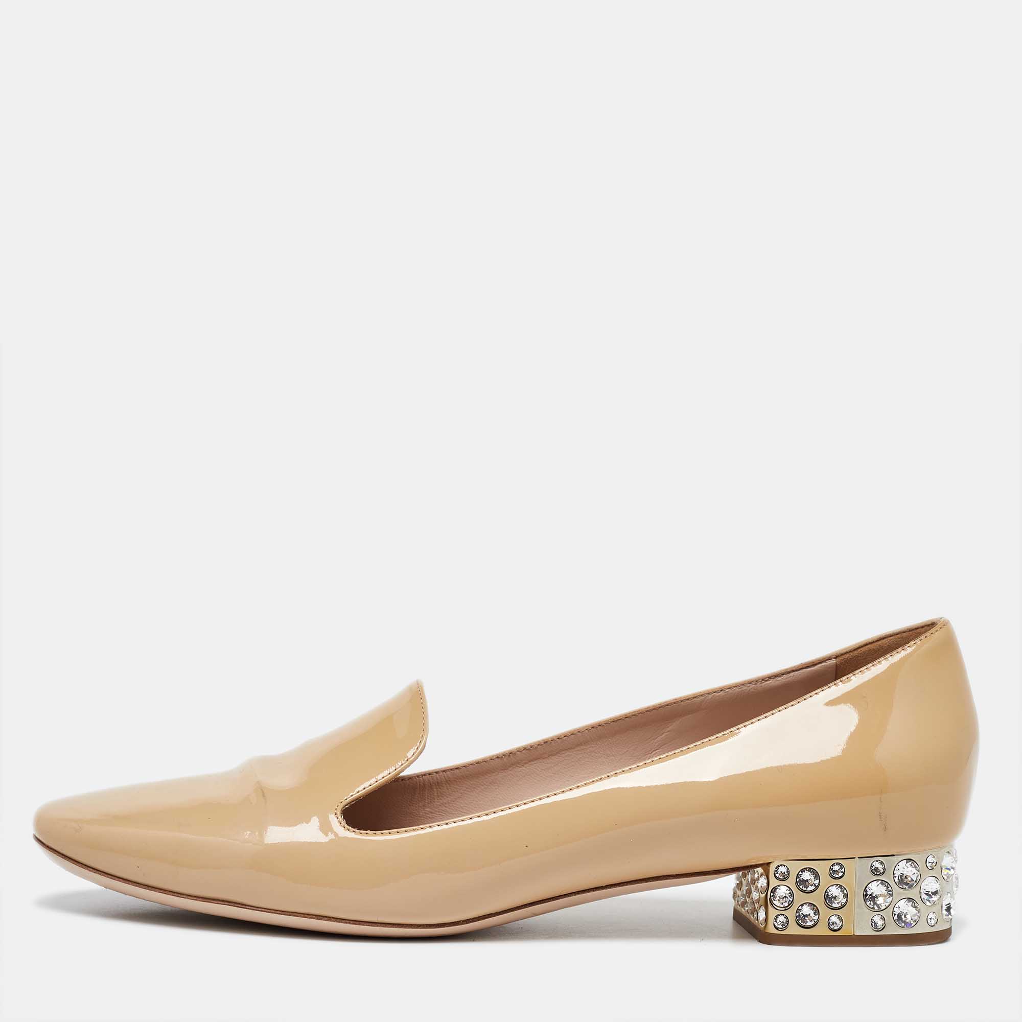 

Miu Miu Beige Patent Leather Crystal Embellished Smoking Slippers Size