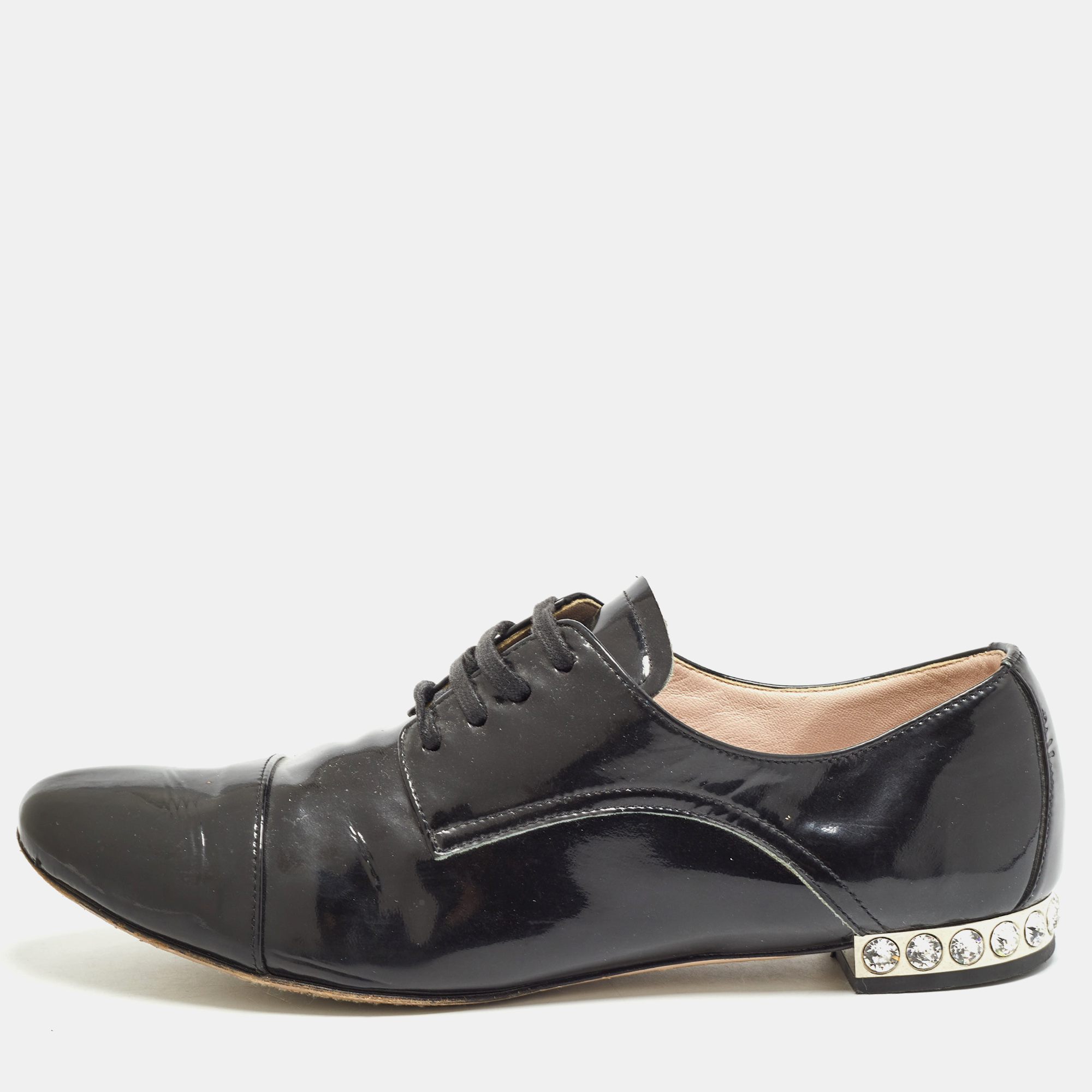 

Miu Miu Black Patent Leather Crystal Embellished Lace Up Derby Size