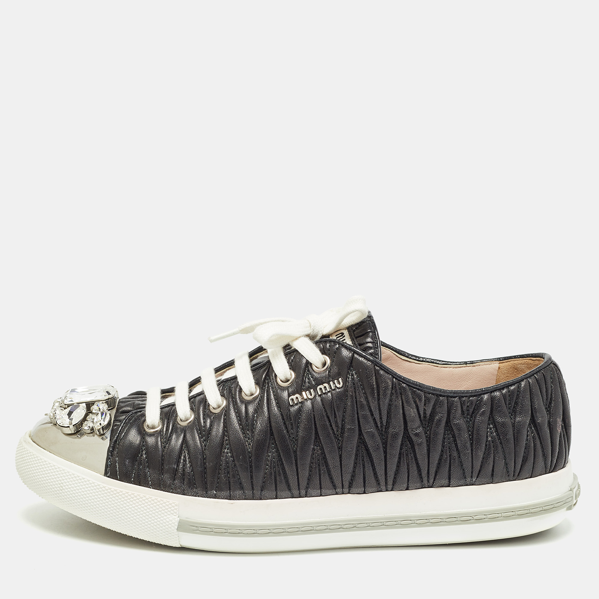 

Miu Miu Black Pleated Leather Crystal Embellished Toe Cap Low Top Sneakers Size