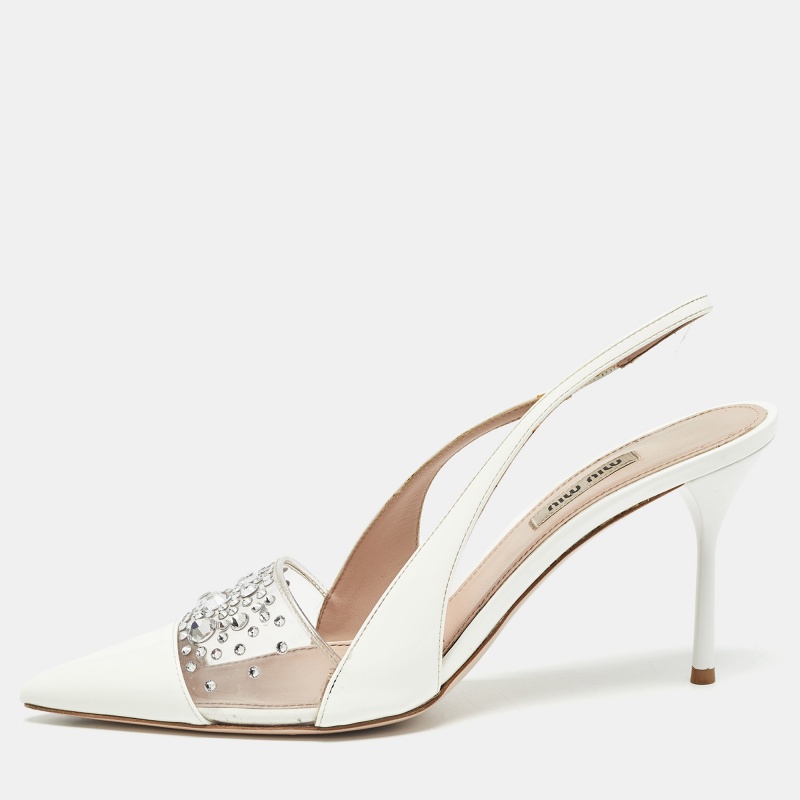 

Miu Miu White Patent Leather and PVC Crystal Embellished Slingback Pumps Size