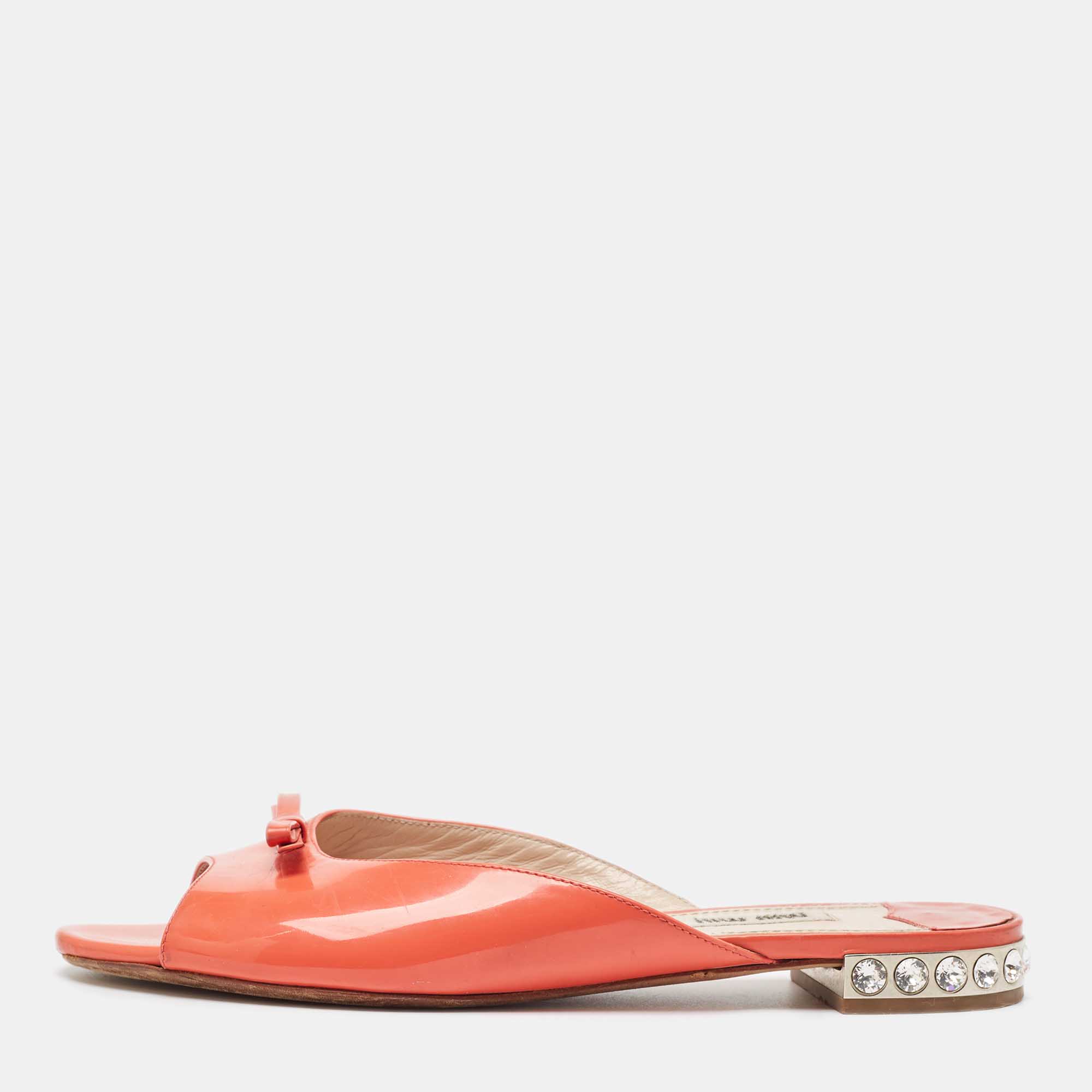 Pre-owned Miu Miu Orange Patent Flat Slides Size 38