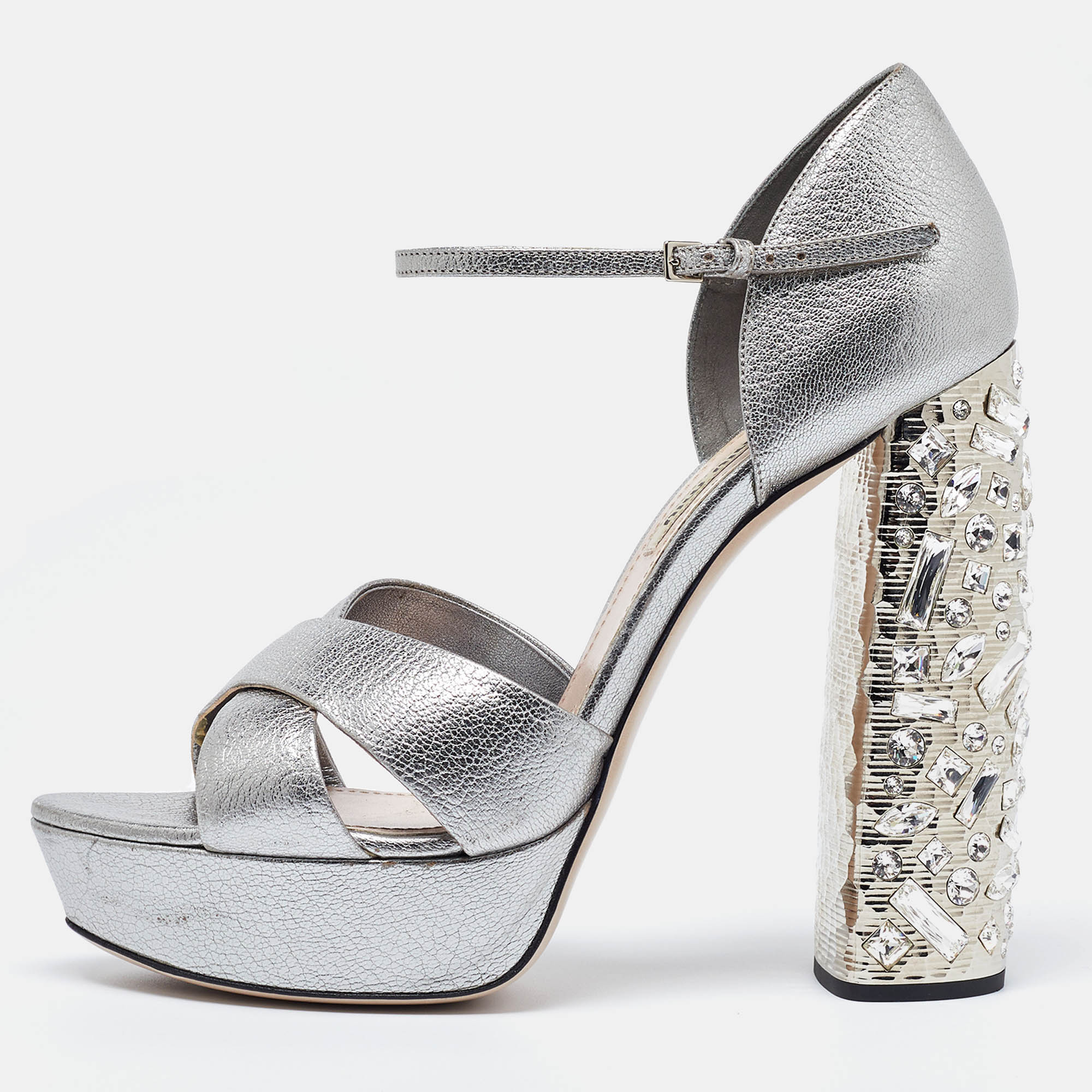 

Miu Miu Metallic Silver Leather Crystal Embellished Block Heel Ankle Strap Platform Sandals Size