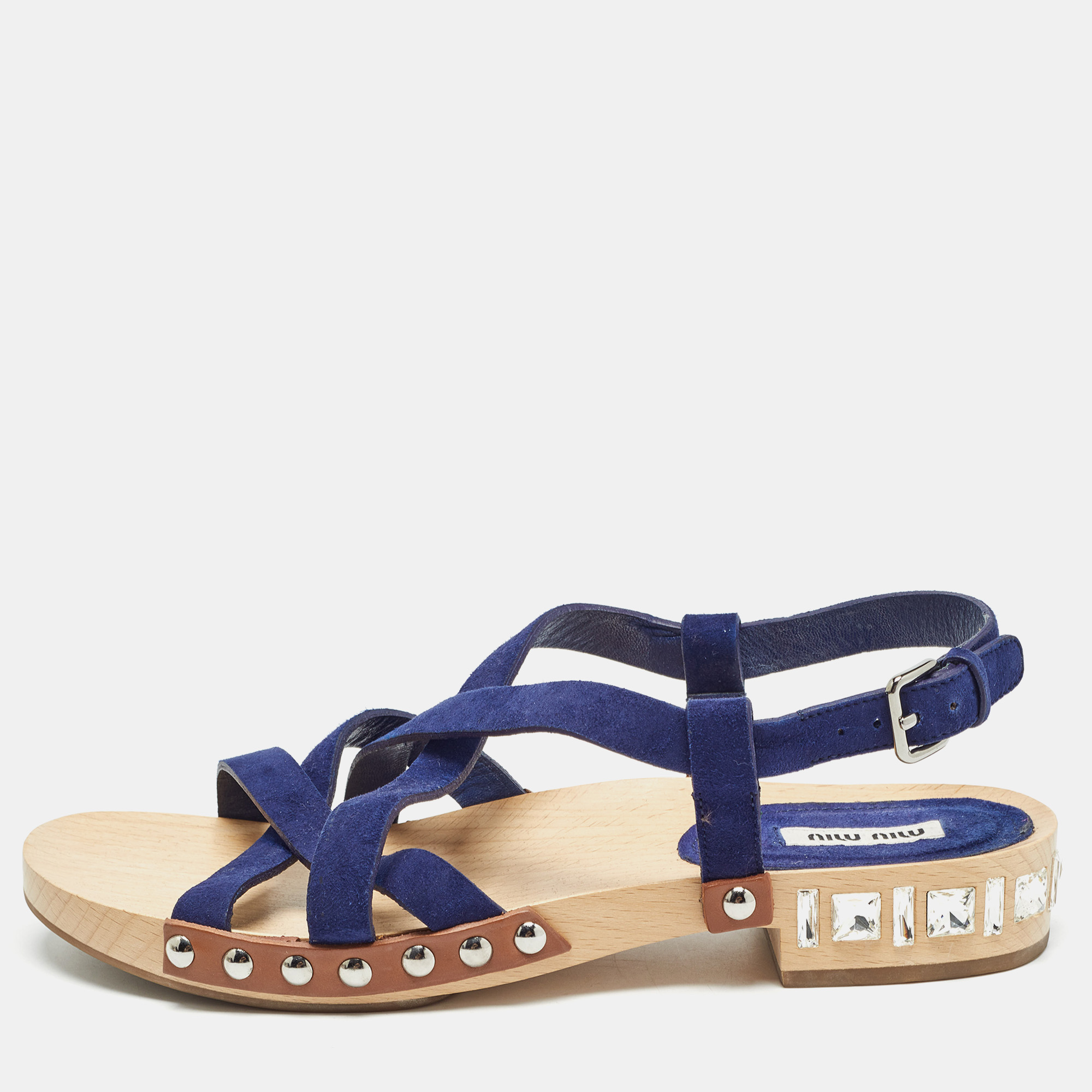 

Miu Miu Blue Suede Crystal Embellished Strappy Flat Sandals Size