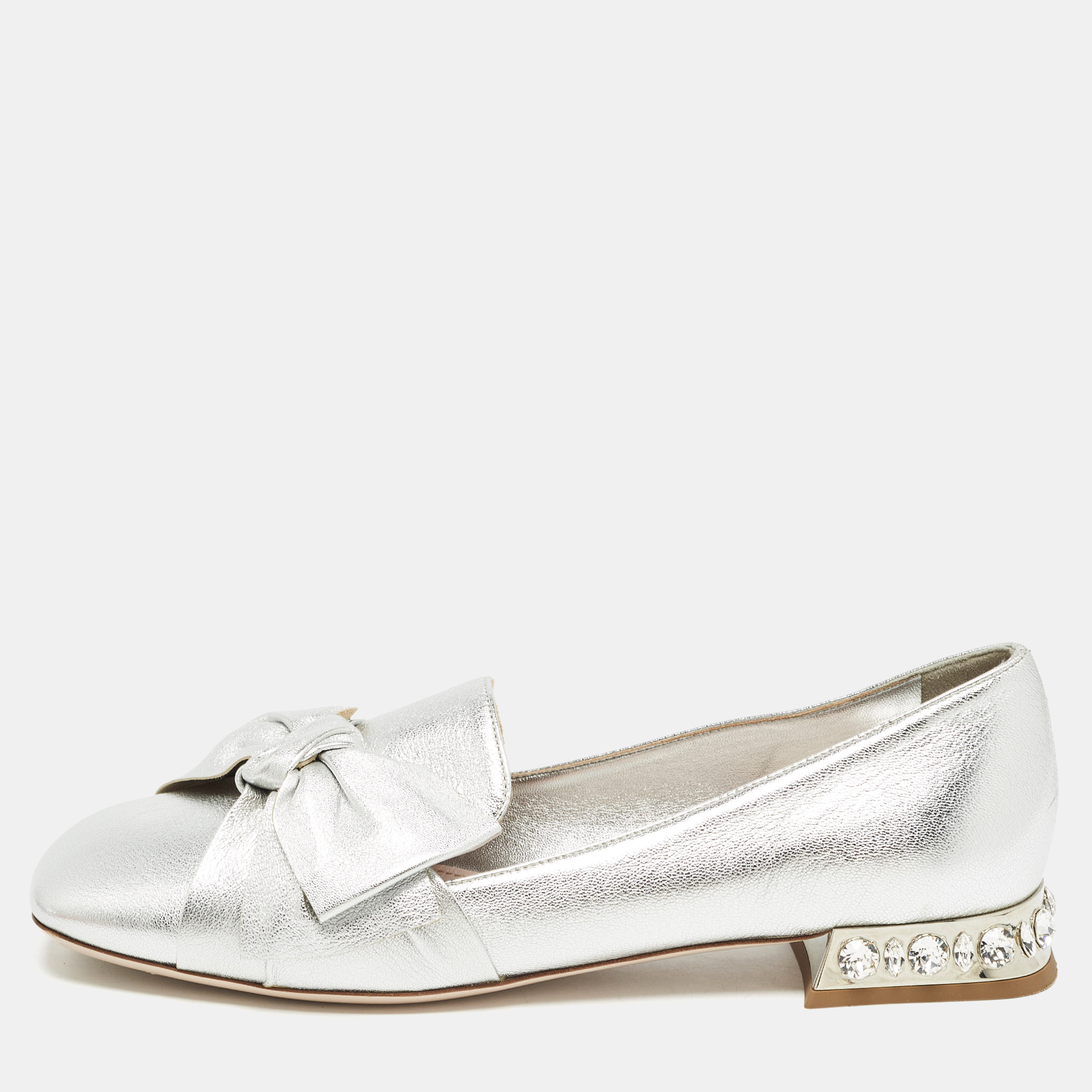

Miu Miu Silver Leather Bow Crystal Embellished Loafers Size
