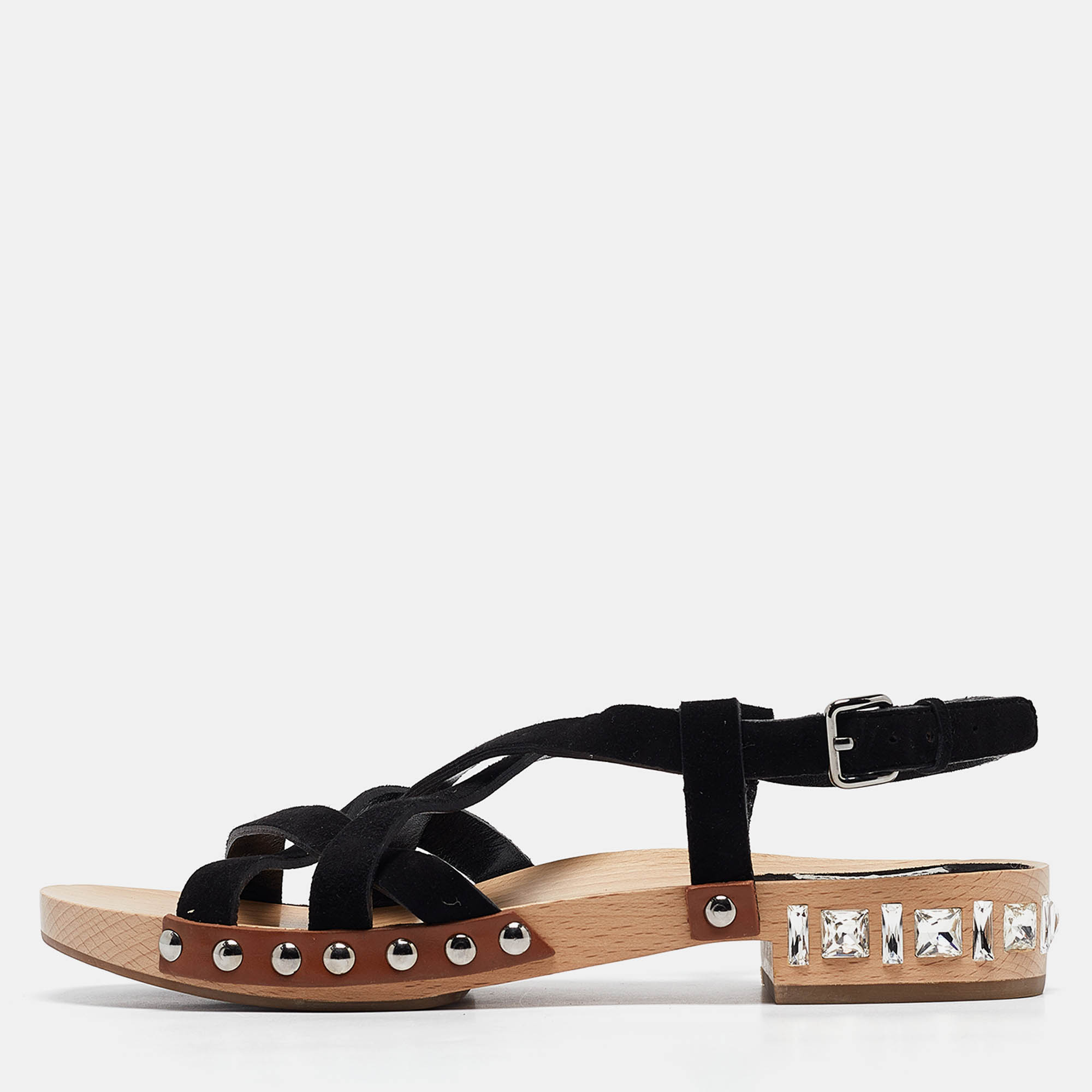 

Miu Miu Black Suede Crystal Embellished Strappy Sandals Size