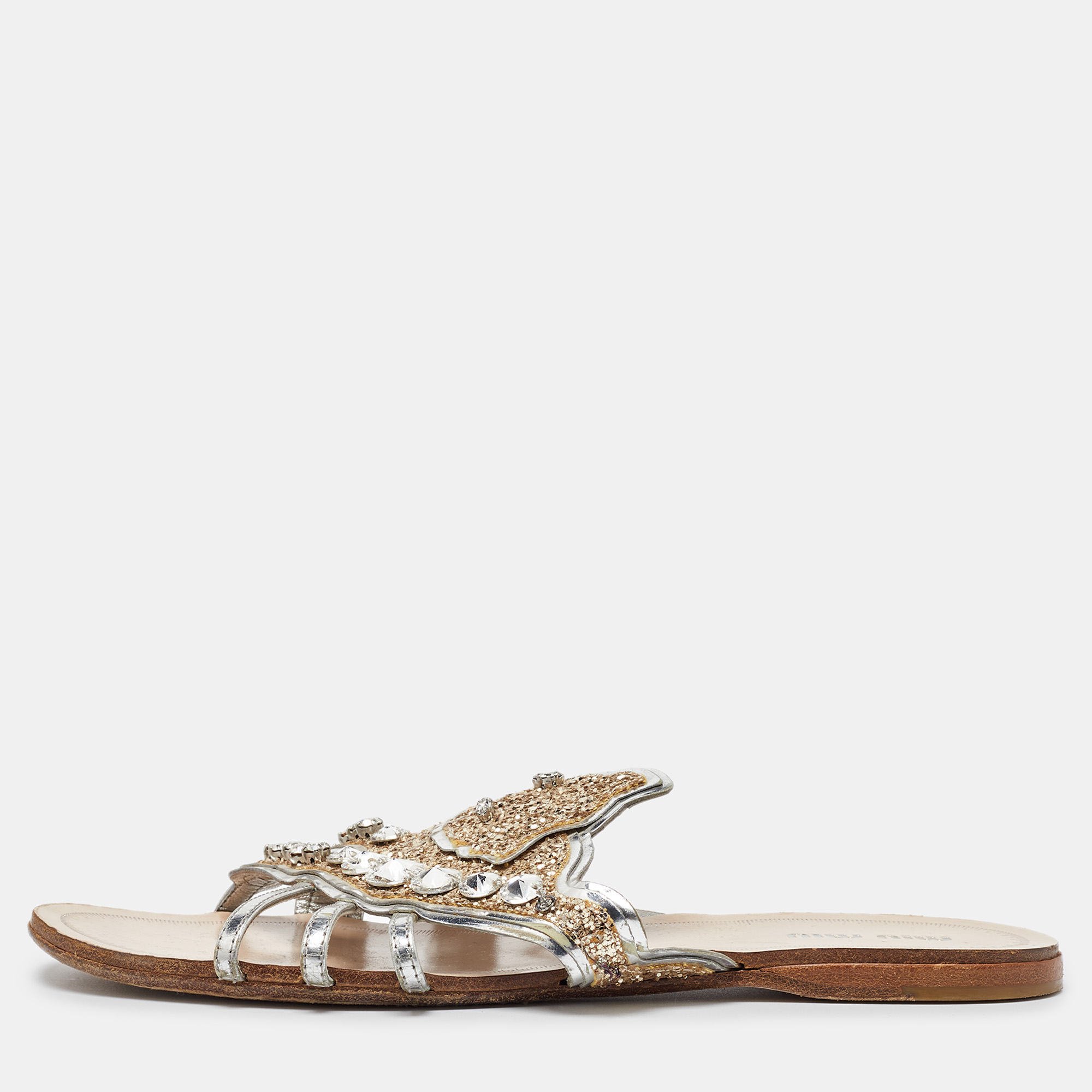 

Miu Miu Silver Leather Crystal Embellished Flat Slides Size