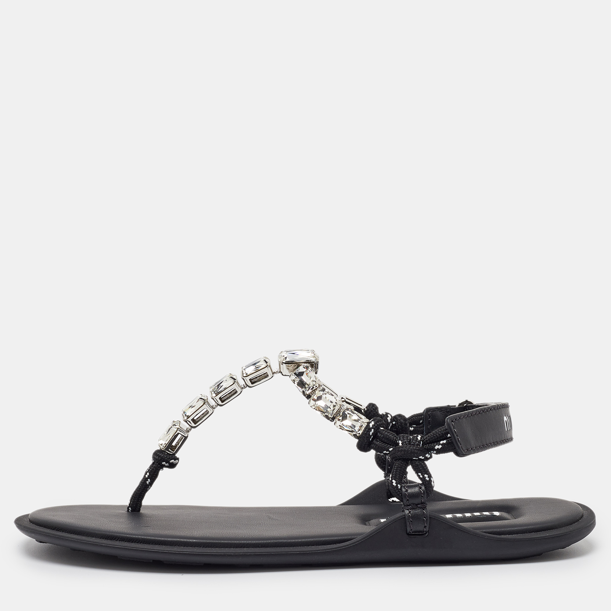 

Miu Miu Black Cord Crystal Embellished Thong Sandals Size