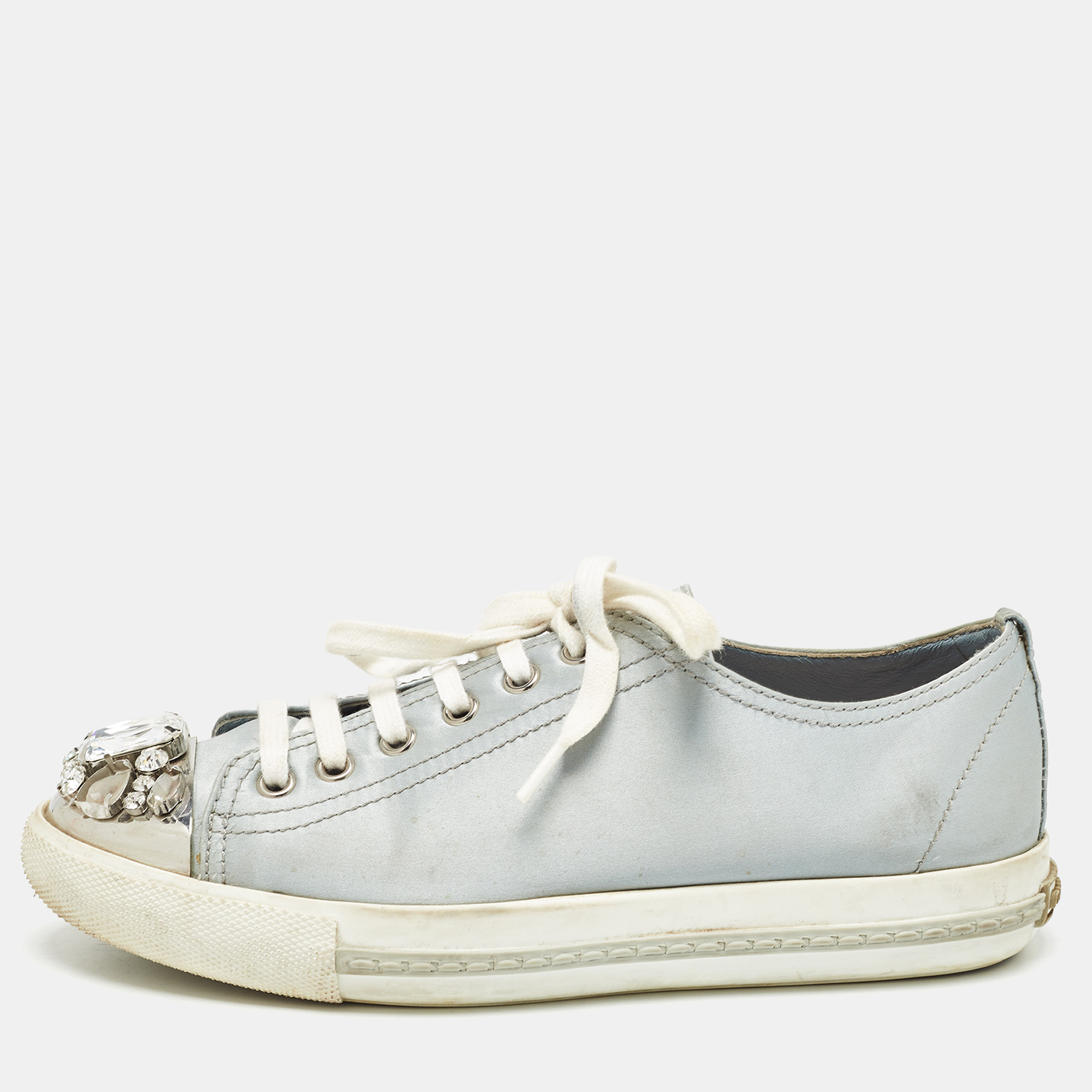 

Miu Miu Grey Satin Crystal Embellished Cap Toe Lace Up Sneaker Size