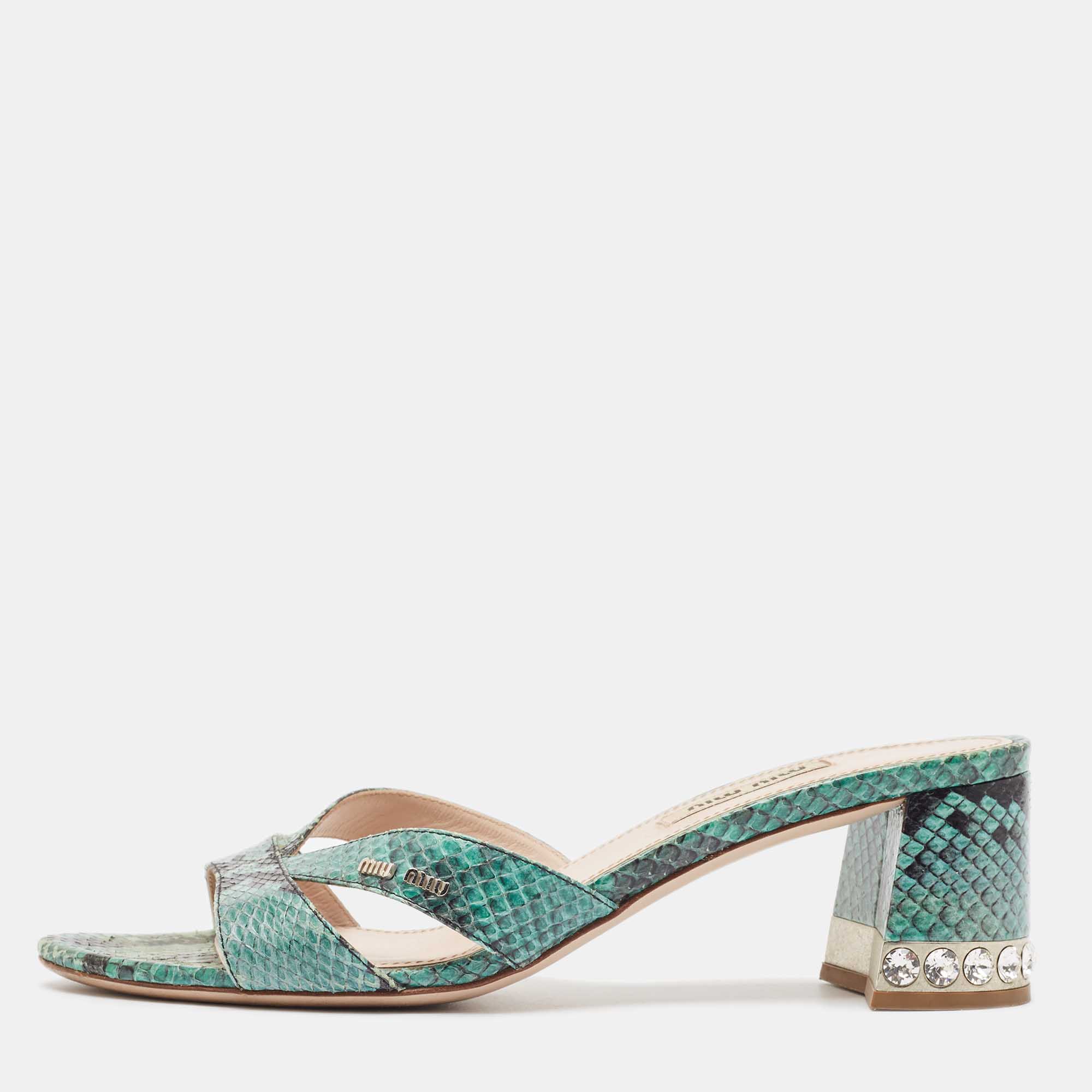 

Miu Miu Green/Black Embossed Python Crystal Embellished Slide Sandals Size