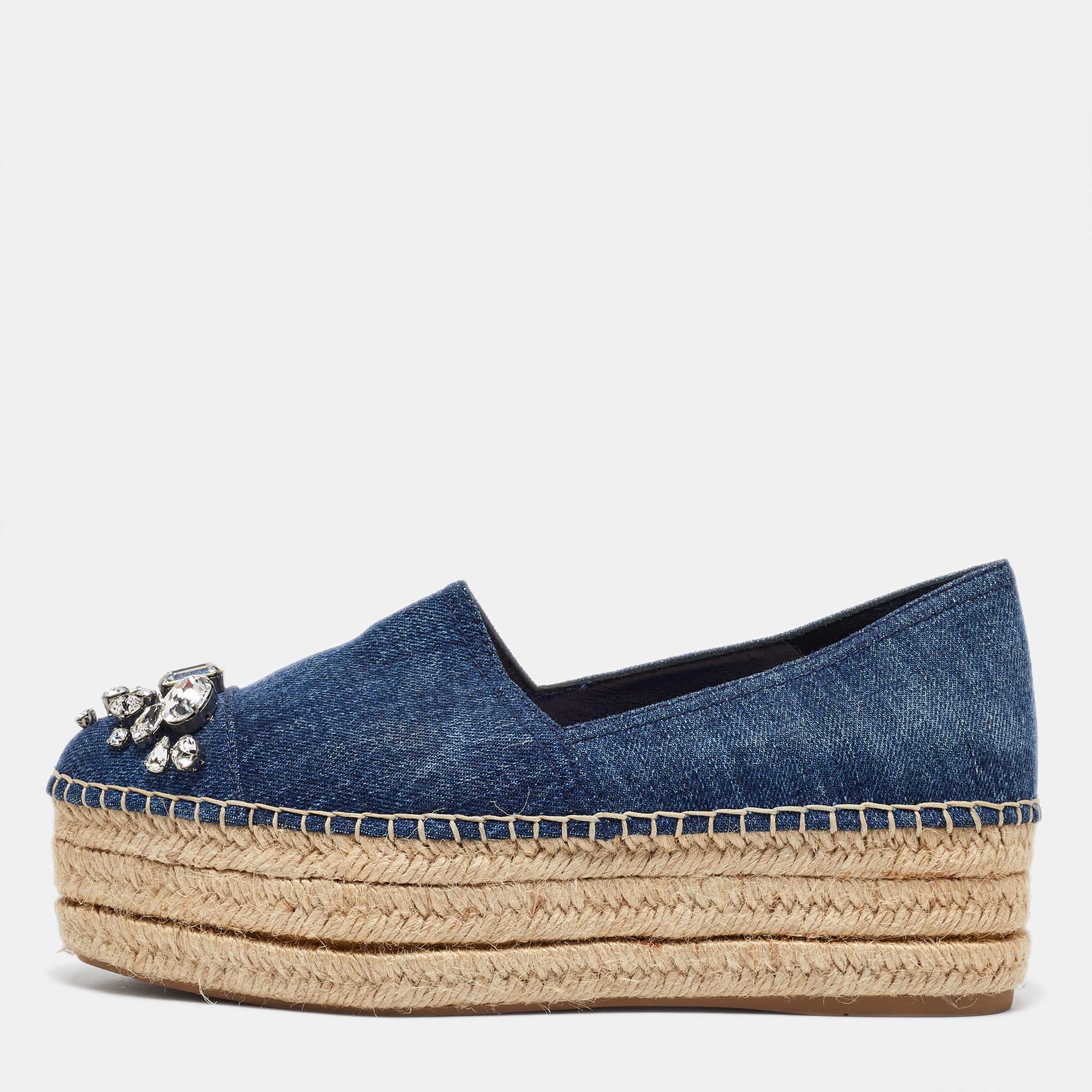 

Miu Miu Blue Denim Crystal Embellished Cap Toe Platform Espadrilles Size