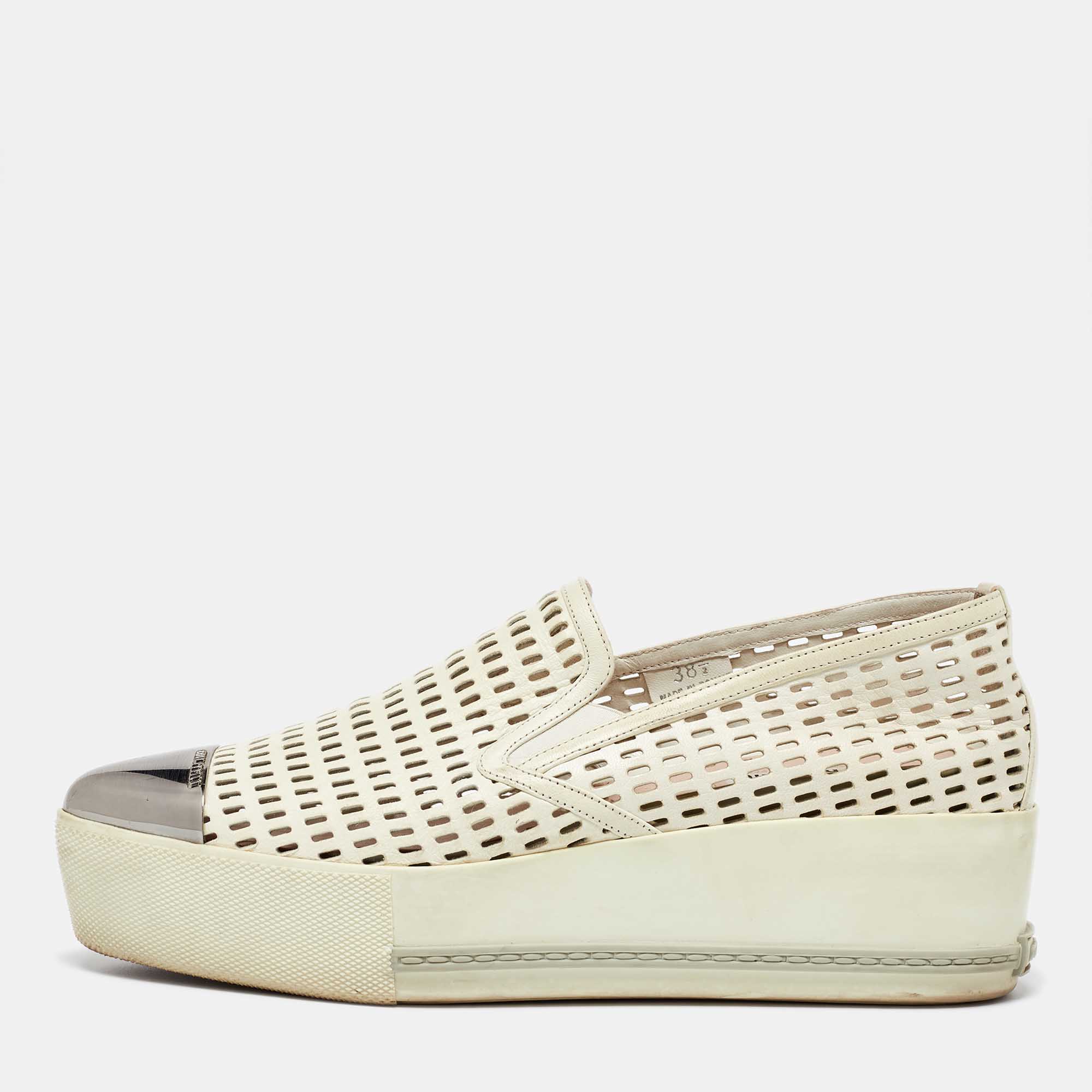 

Miu Miu Off White Perforated Leather Metal Cap Toe Slip On Sneakers Size