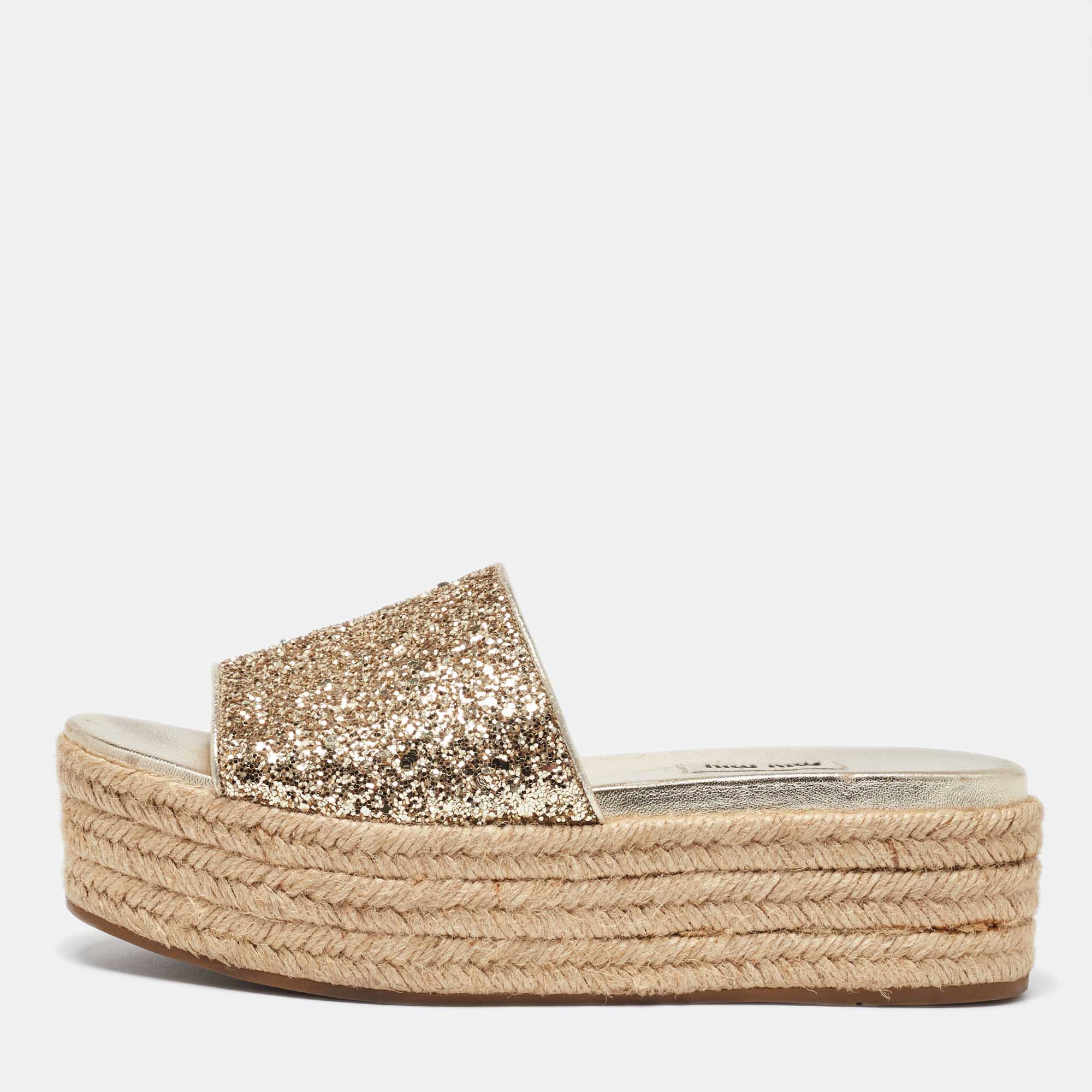 

Miu Miu Gold Glitter and Leather Espadrille Wedge Sandals Size