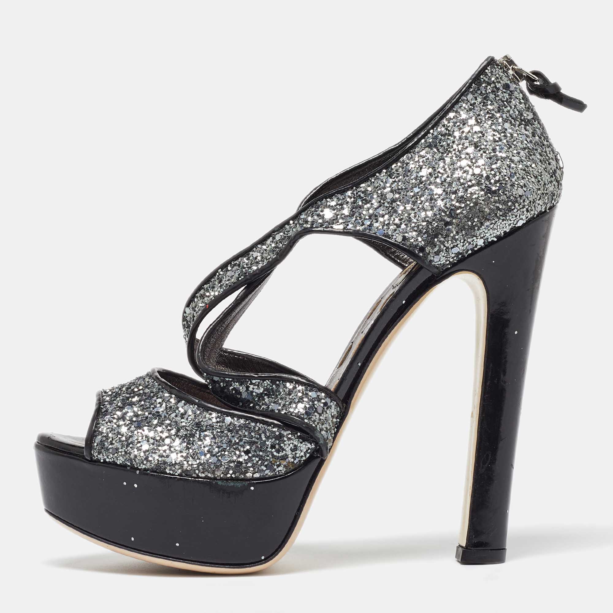 

Miu Miu Metallic Grey Coarse Glitter Platform Sandals Size