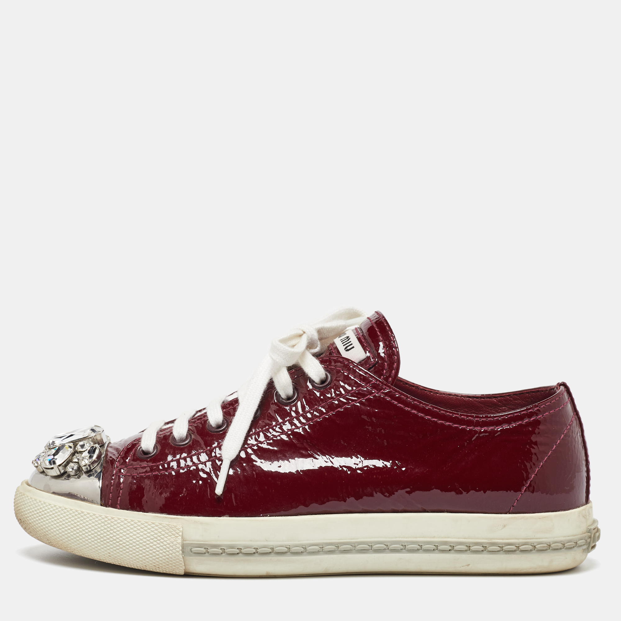 

Miu Miu Burgundy Patent Leather Crystal Cap Toe Sneakers Size