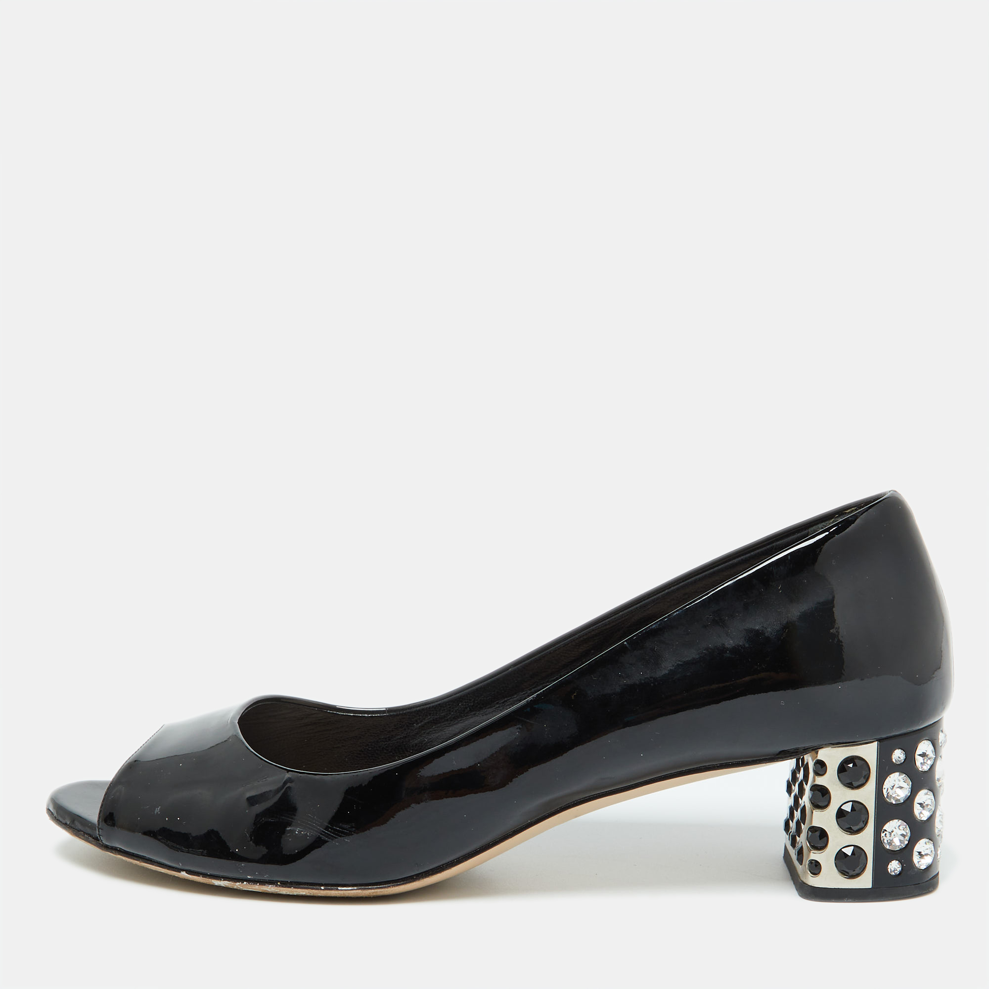 

Miu Miu Black Patent Leather Crystal Embellished Block Heel Peep Toe Pumps Size