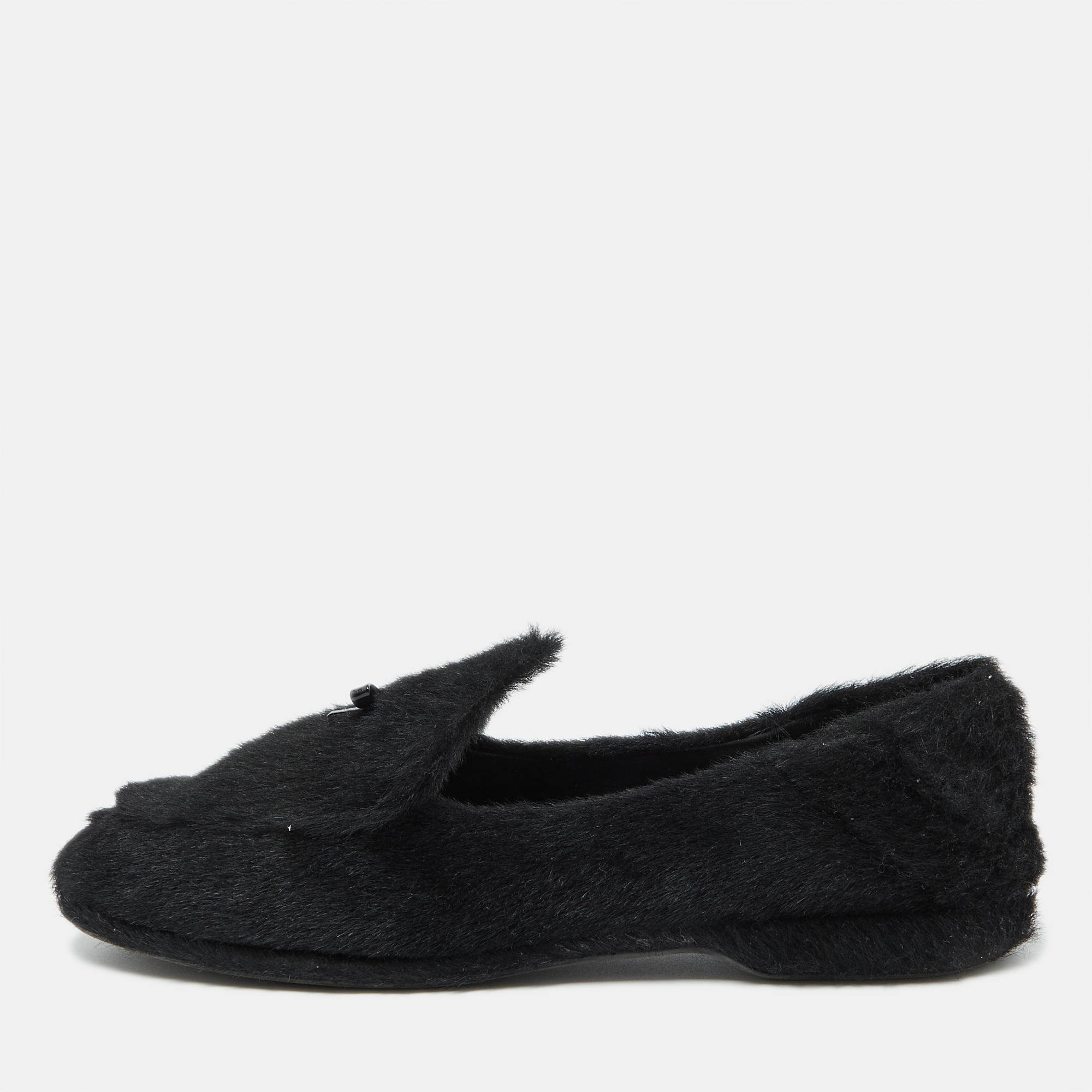 Pre-owned Miu Miu Black Faux Fur Smoking Slippers 37.5