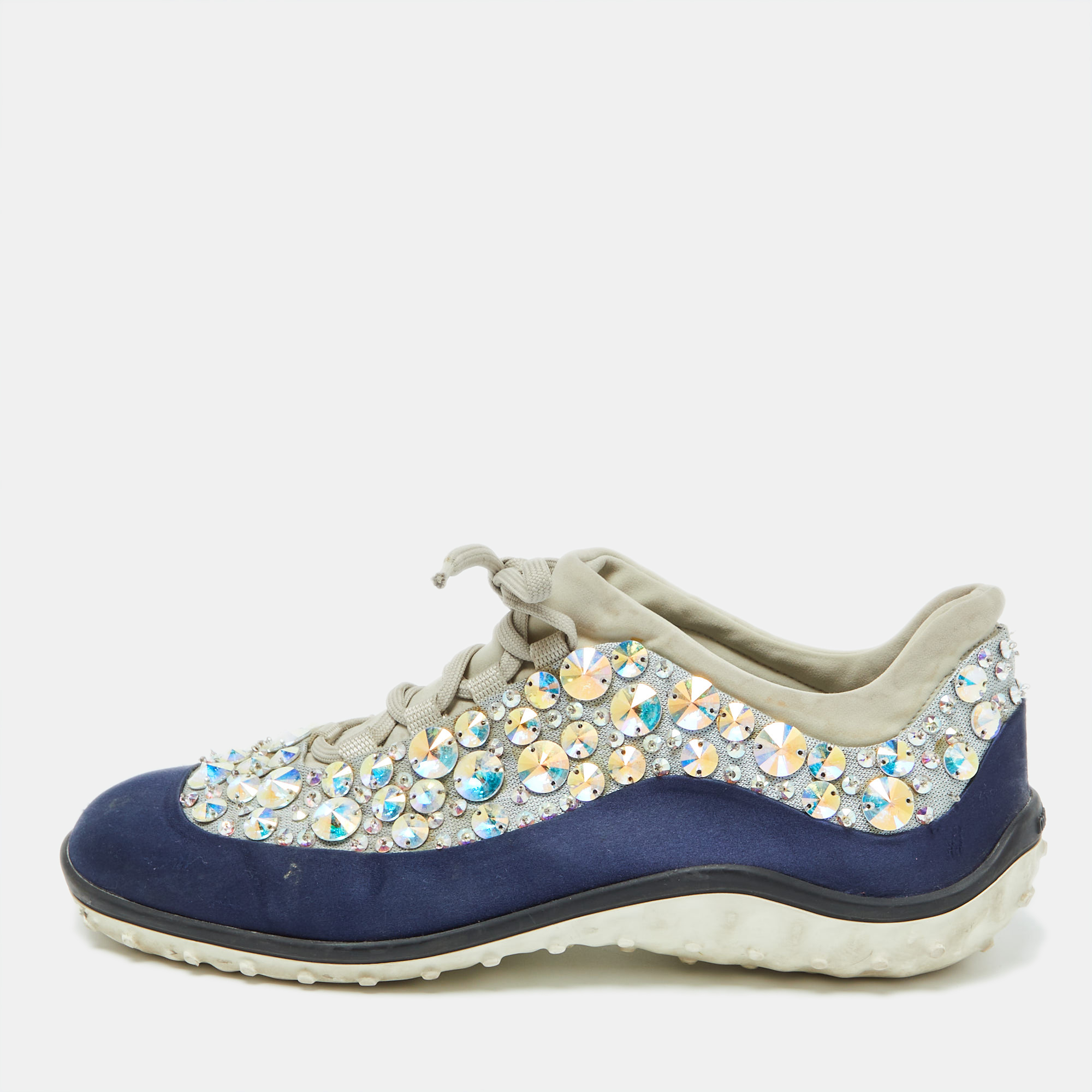 

Miu Miu Grey/Blue Satin and Neoprene Astro Crystal Embellished Low Top Sneakers Size