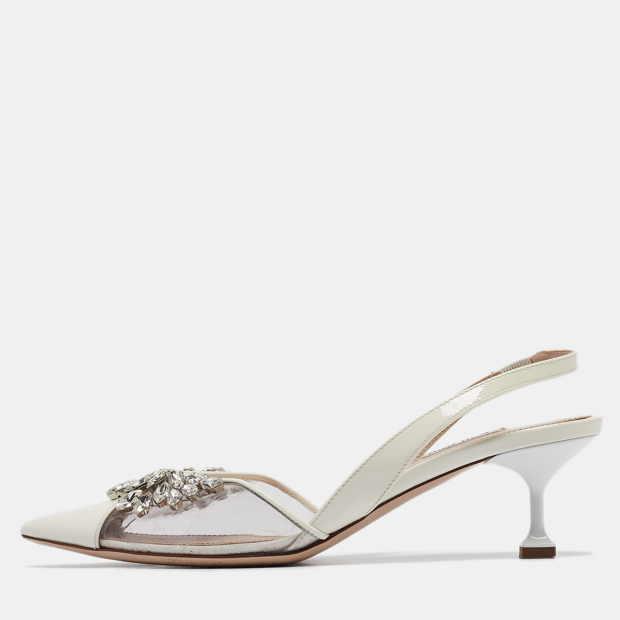 Pre-owned Miu Miu White/transparent Patent Leather And Pvc Crystal Embellished Pumps Size 39.5