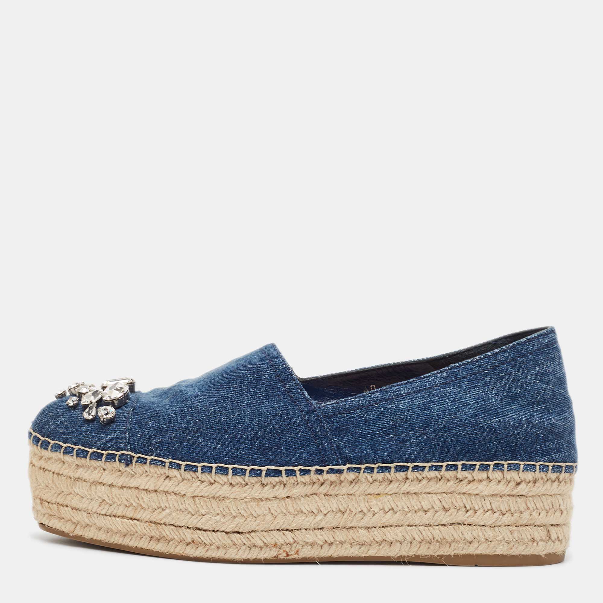 Pre-owned Miu Miu Blue Denim Crystal Embellished Platform Espadrilles Size 40