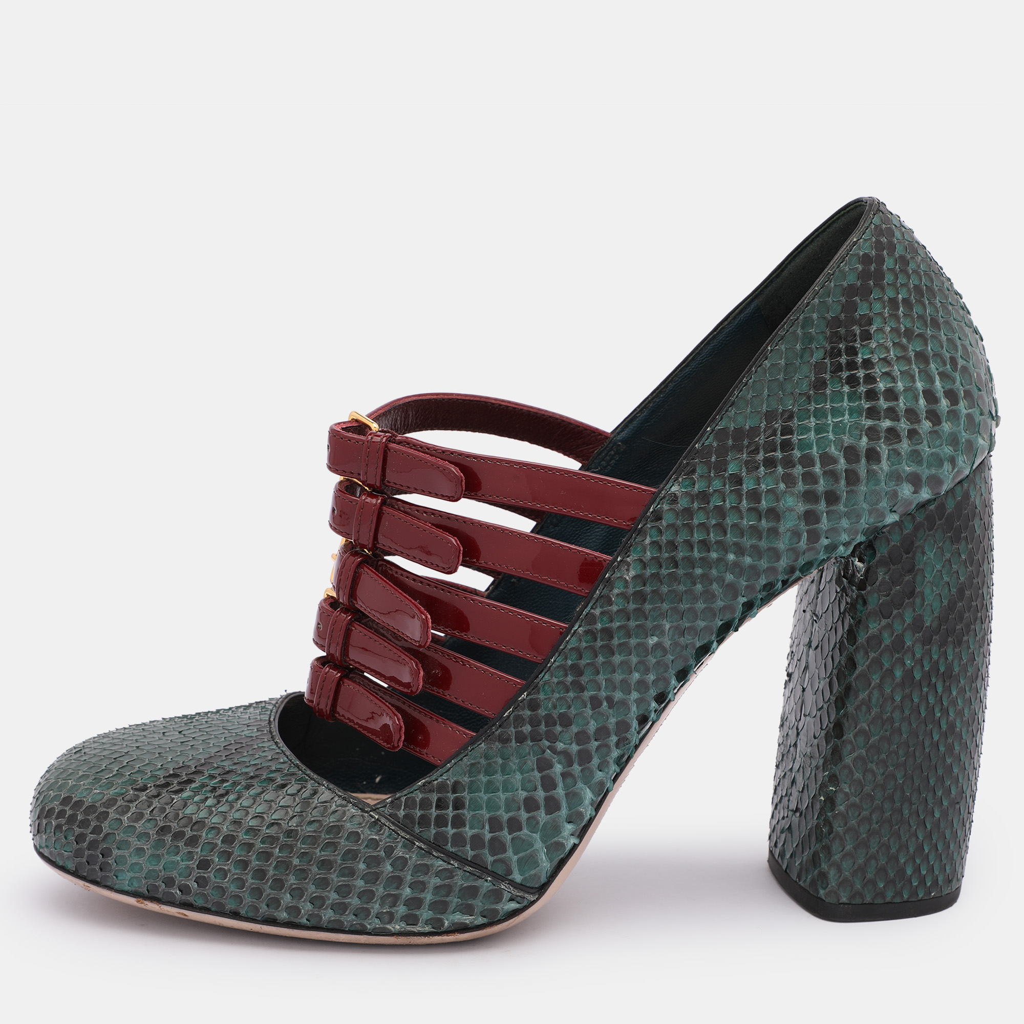 

Miu Miu Green/Red Python and Patent Leather Mary Jane Pumps Size