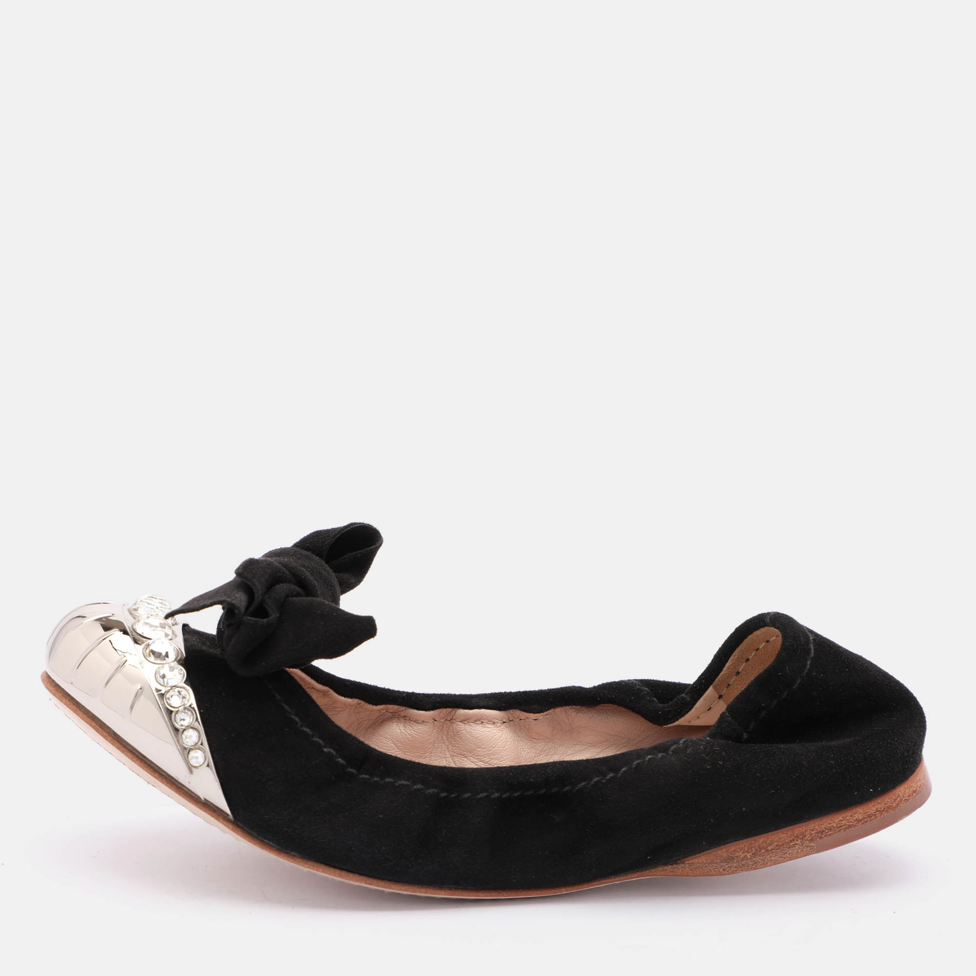 

Miu Miu Black Suede Embellished Cap Toe Scrunch Ballet Flats Size