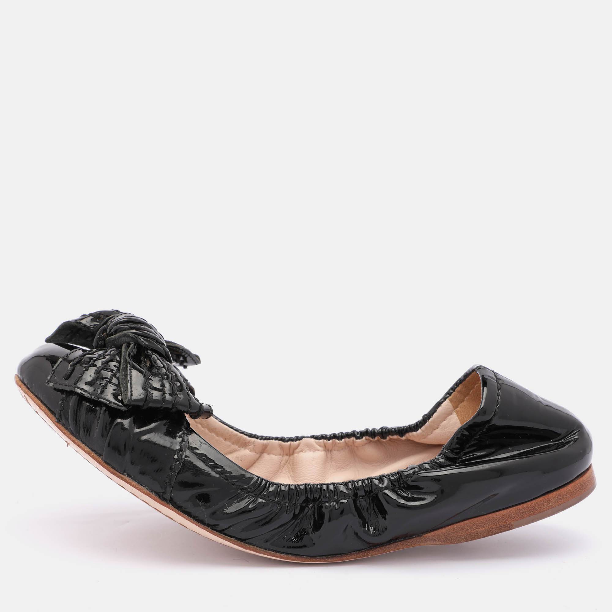 Pre-owned Miu Miu Black Patent Leather Bow Scrunch Ballet Flats Size 35.5