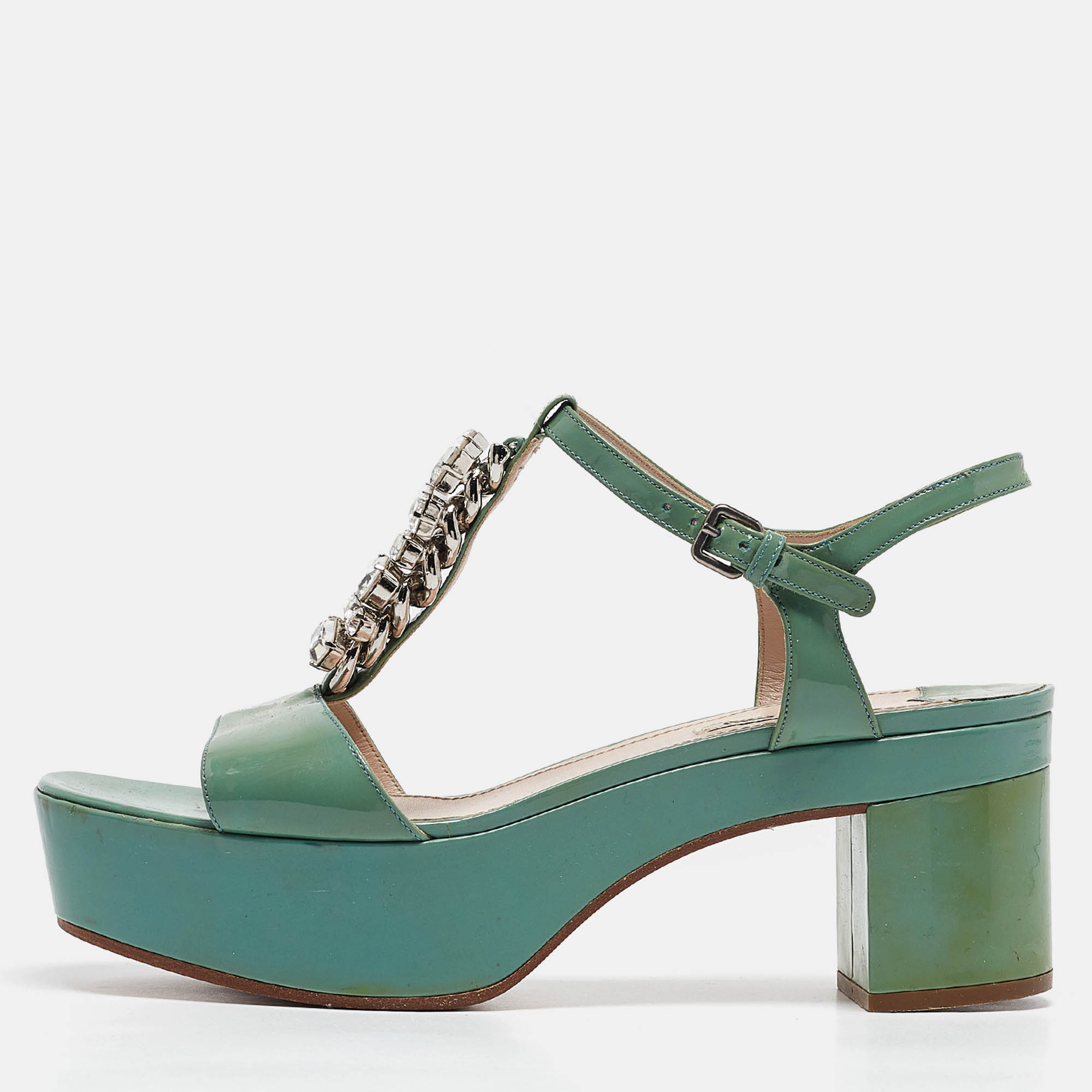 

Miu Miu Green Patent Leather Crystal Embellished Platform Ankle Strap Sandals Size