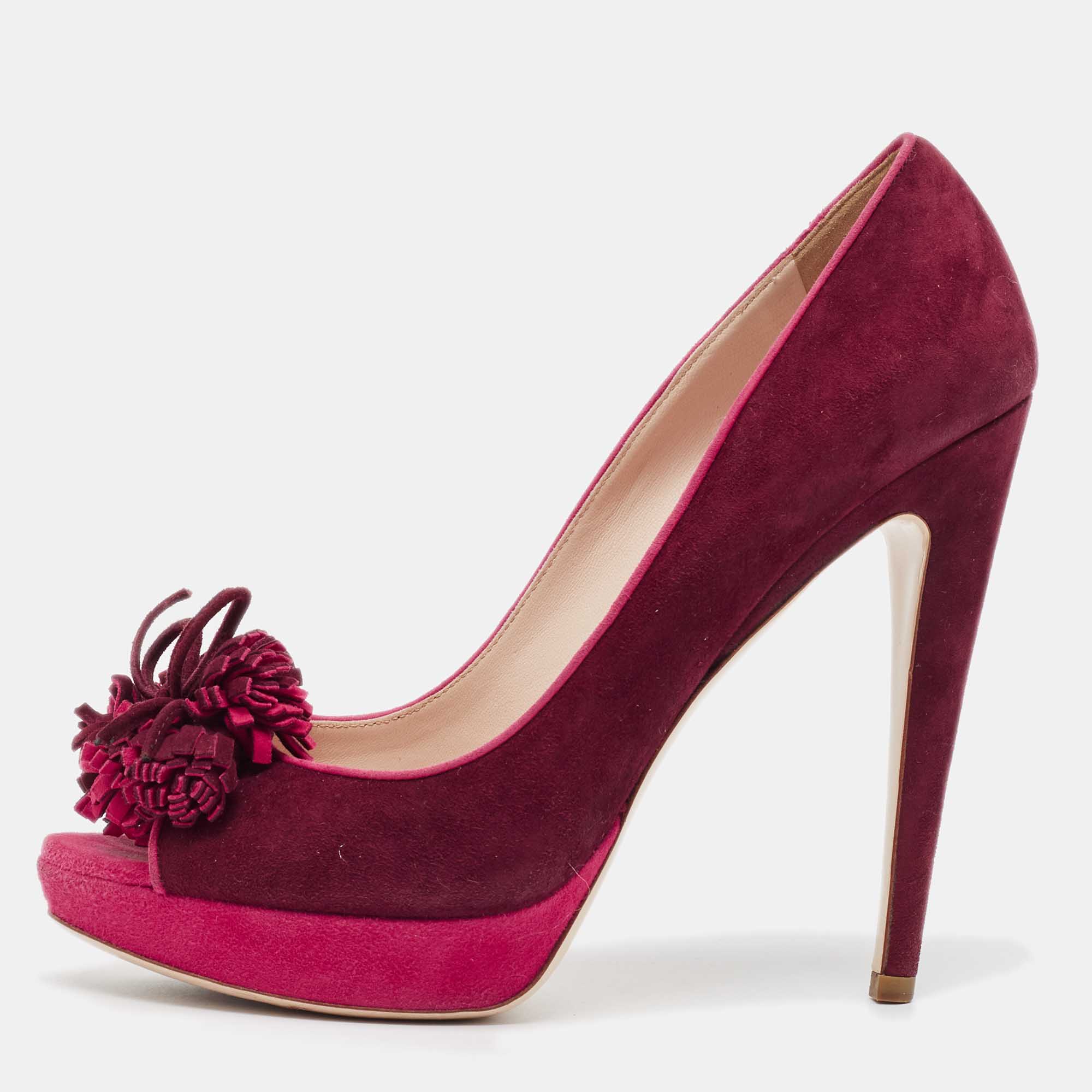 

Miu Miu Plum/Pink Suede Tassel Detail Peep Toe Platform Pumps Size, Purple