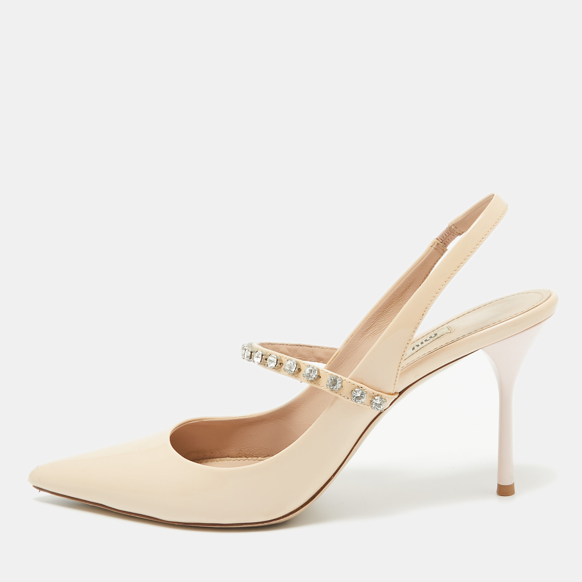 

Miu Miu Beige Patent Leather Crystal Slingback Pumps Size