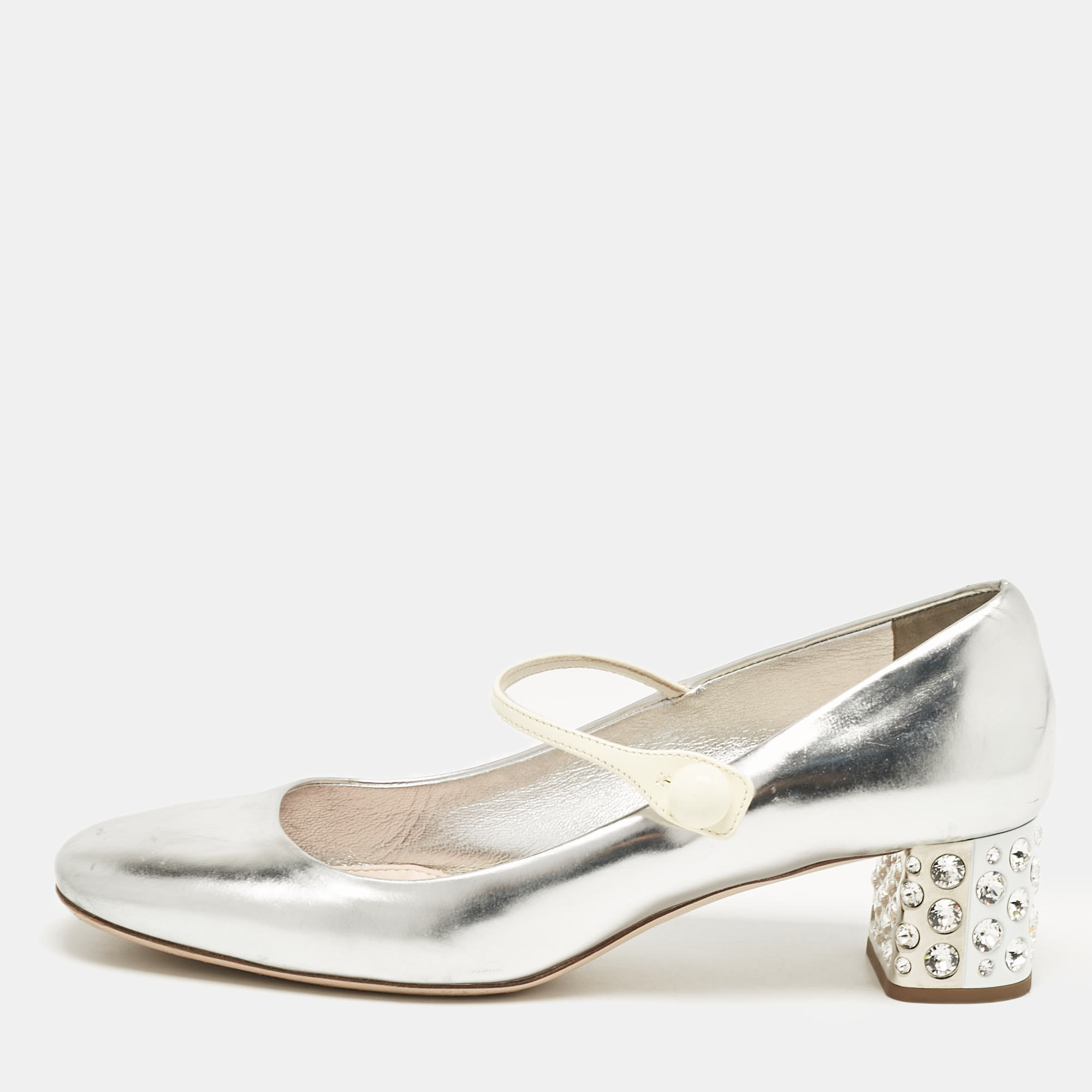 

Miu Miu Silver Leather Mary Jane Pumps Size