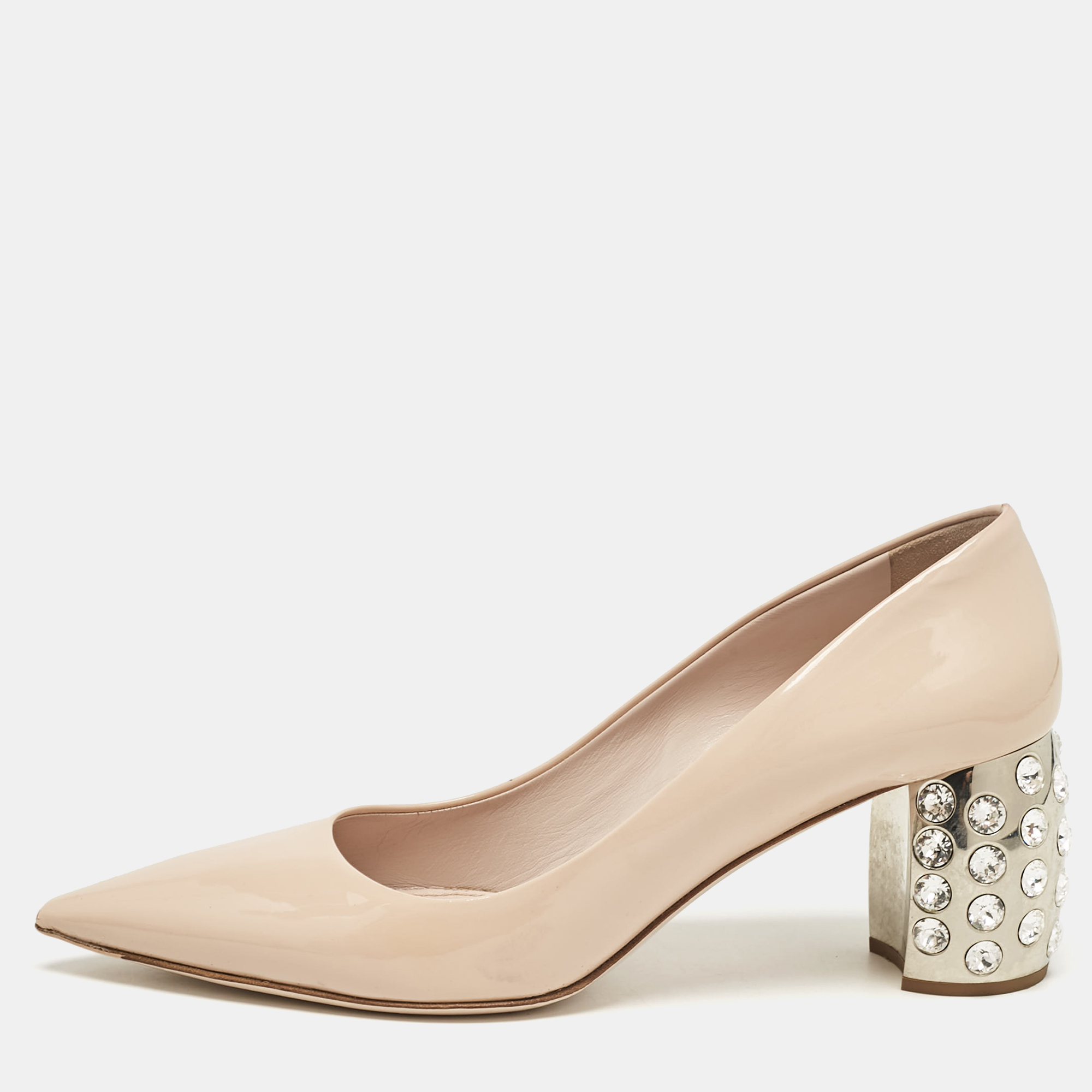 

Miu Miu Pink Patent Leather Crystal Embellished Block Heel Pumps Size