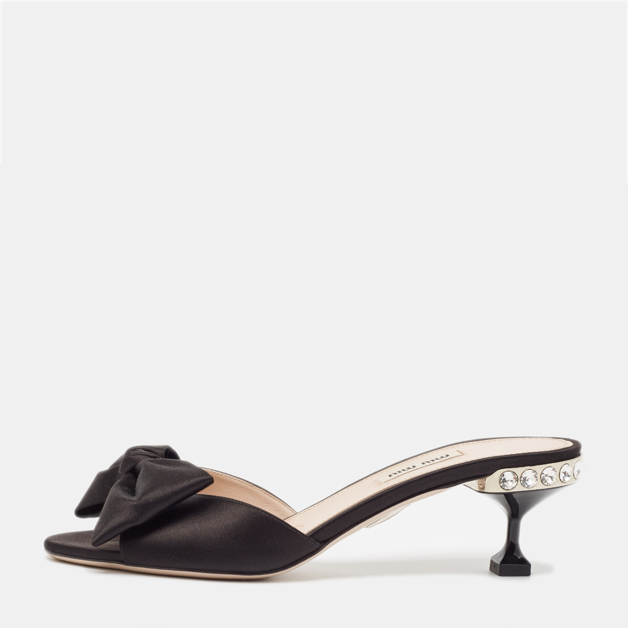 

Miu Miu Black Satin Bow Crystal Embellished Slide Sandals Size