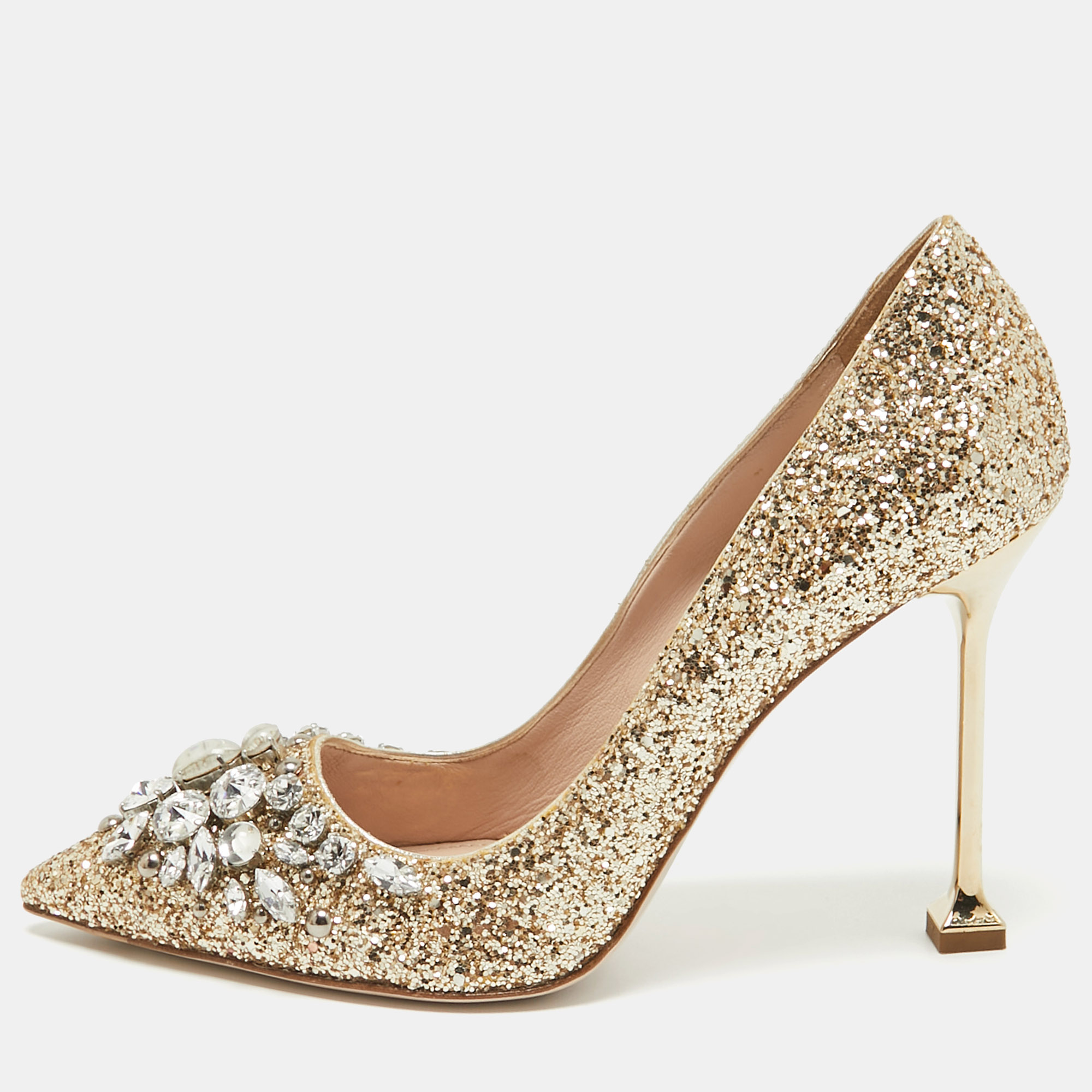 

Miu Miu Gold Glitter Crystal Embellished Pointed Toe Pumps Size