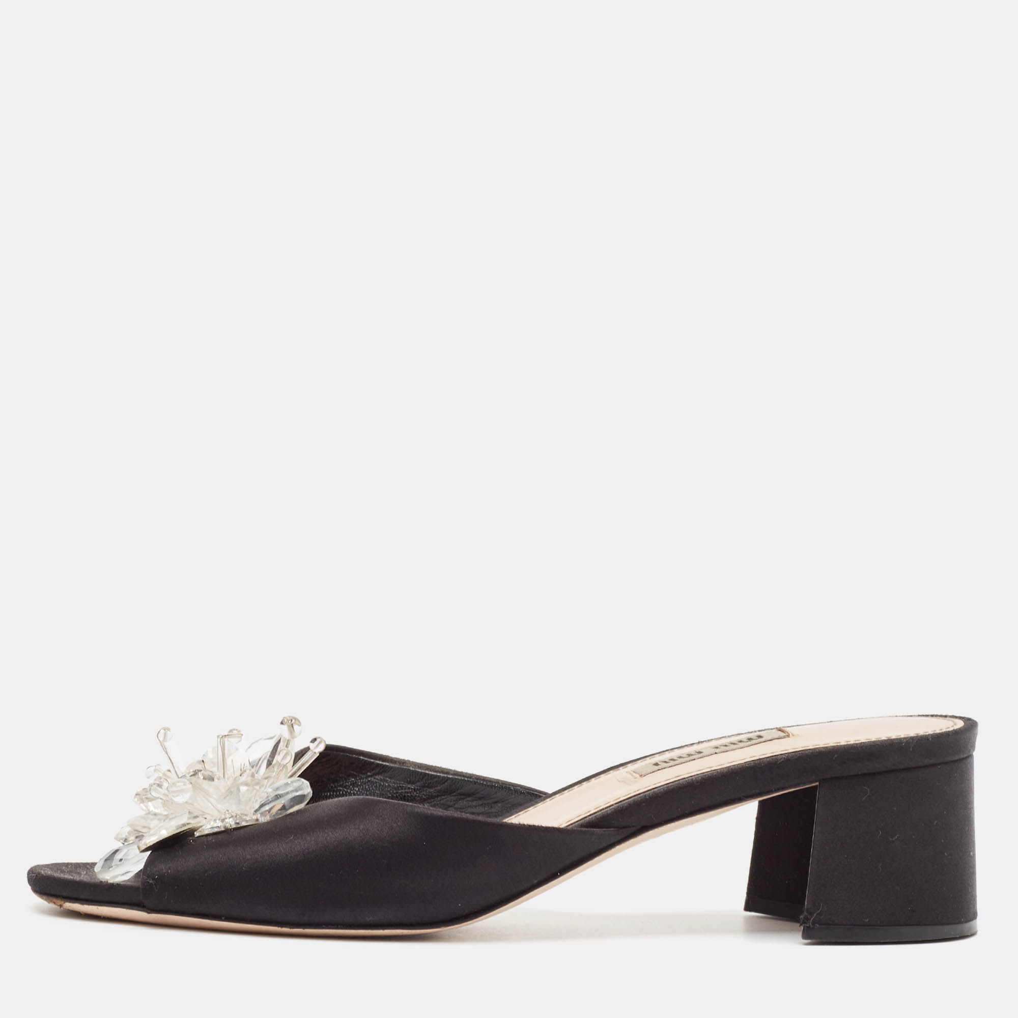 

Miu Miu Black Satin Embellished Slide Sandals Size