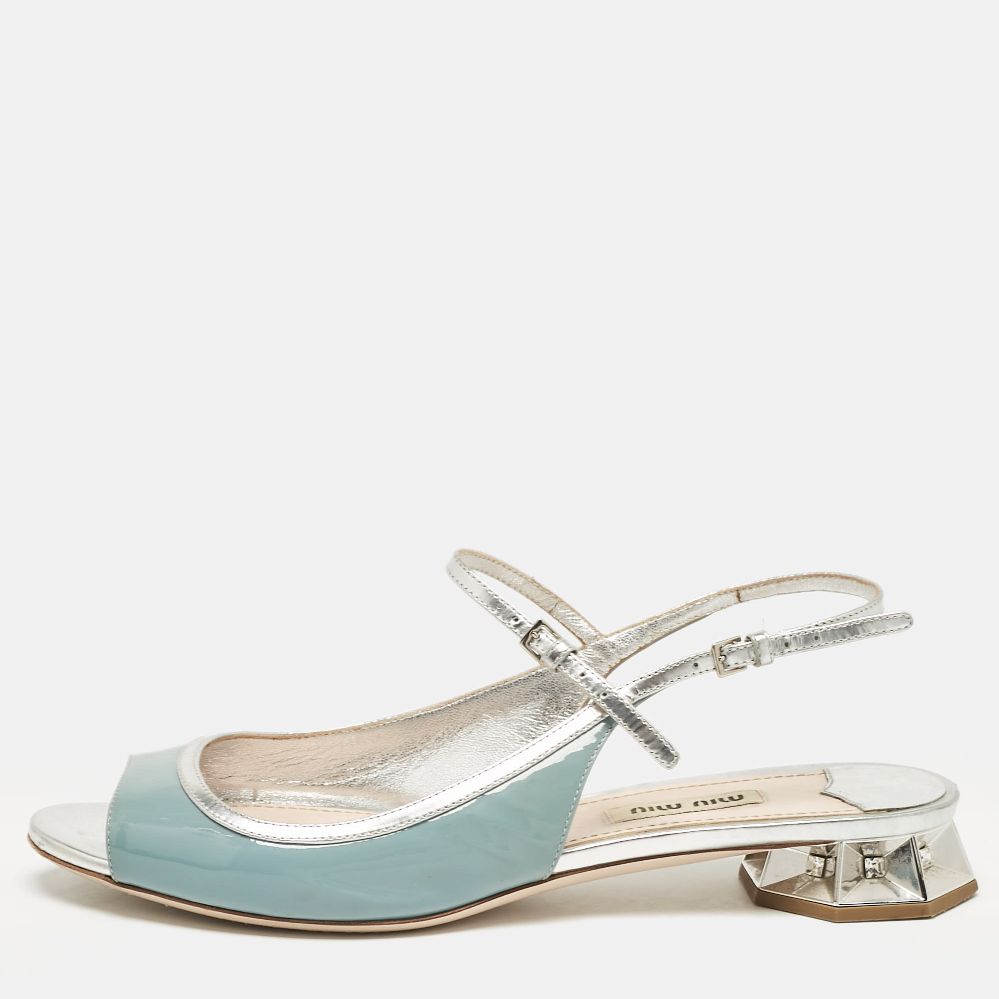 

Miu Miu Grey/Blue Leather and Patent Leather Flat Sandals Size