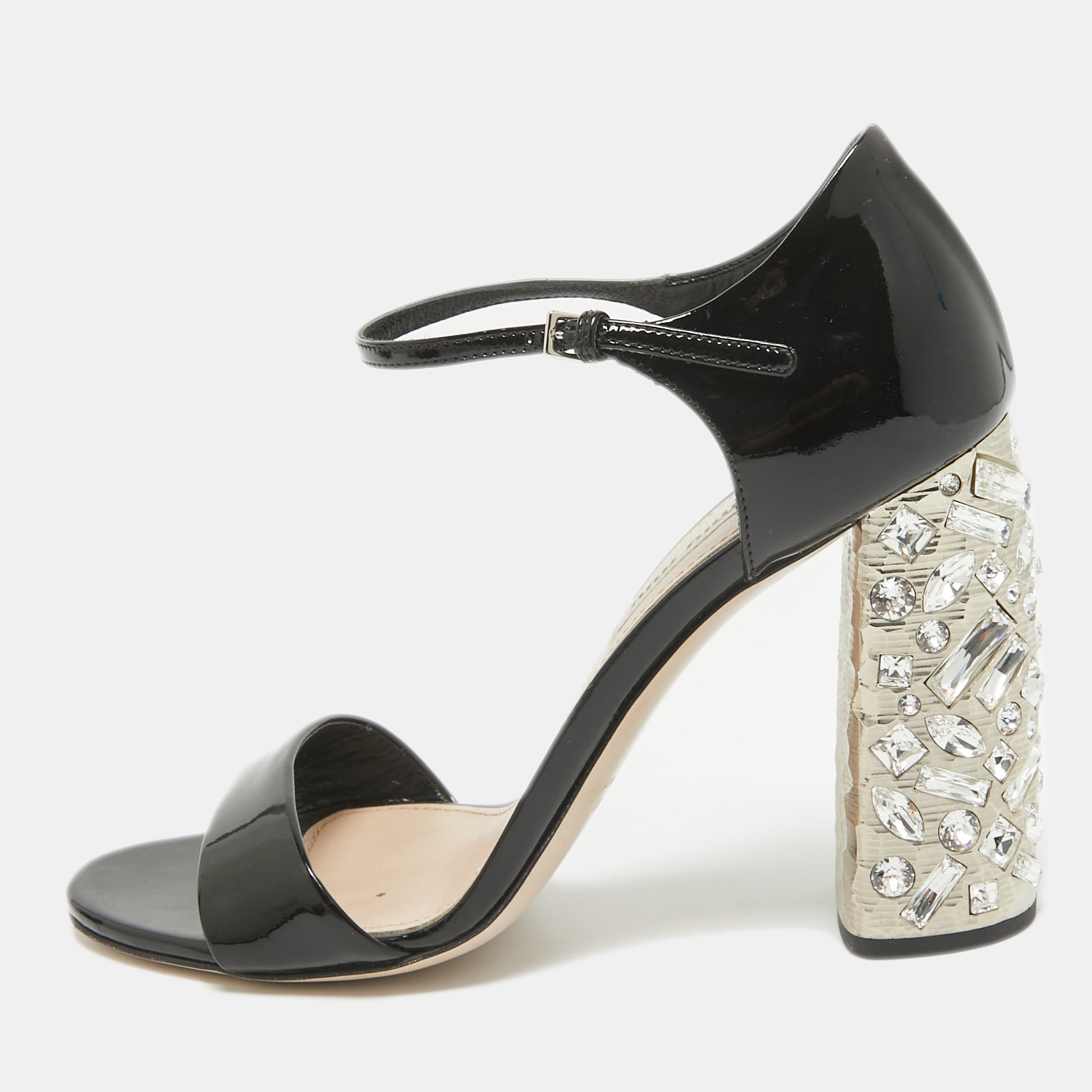 

Miu Miu Black Patent Leather Crystal Embellished Ankle Strap Sandals Size