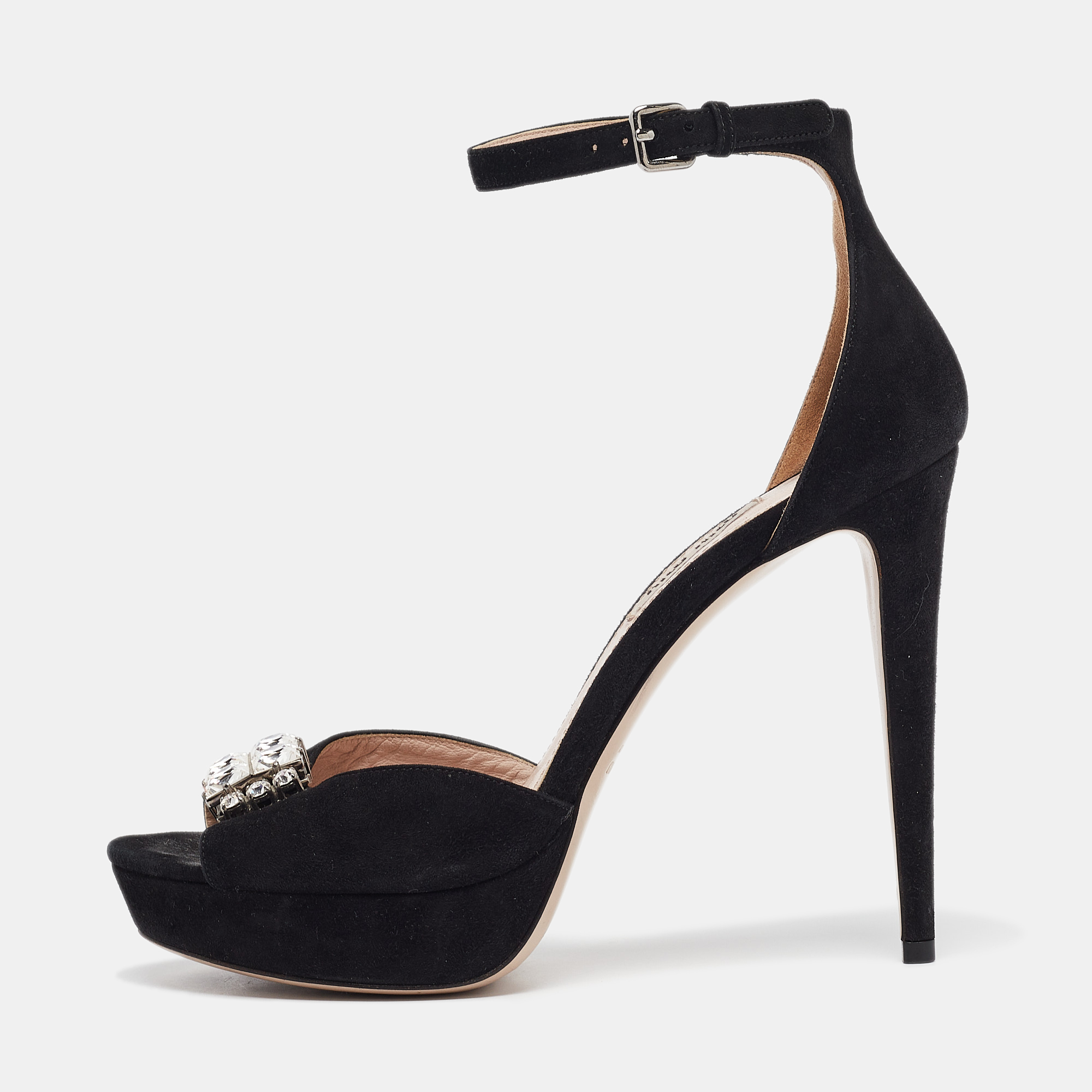 

Miu Miu Black Suede Crystal Embellished Ankle Strap Sandals Size