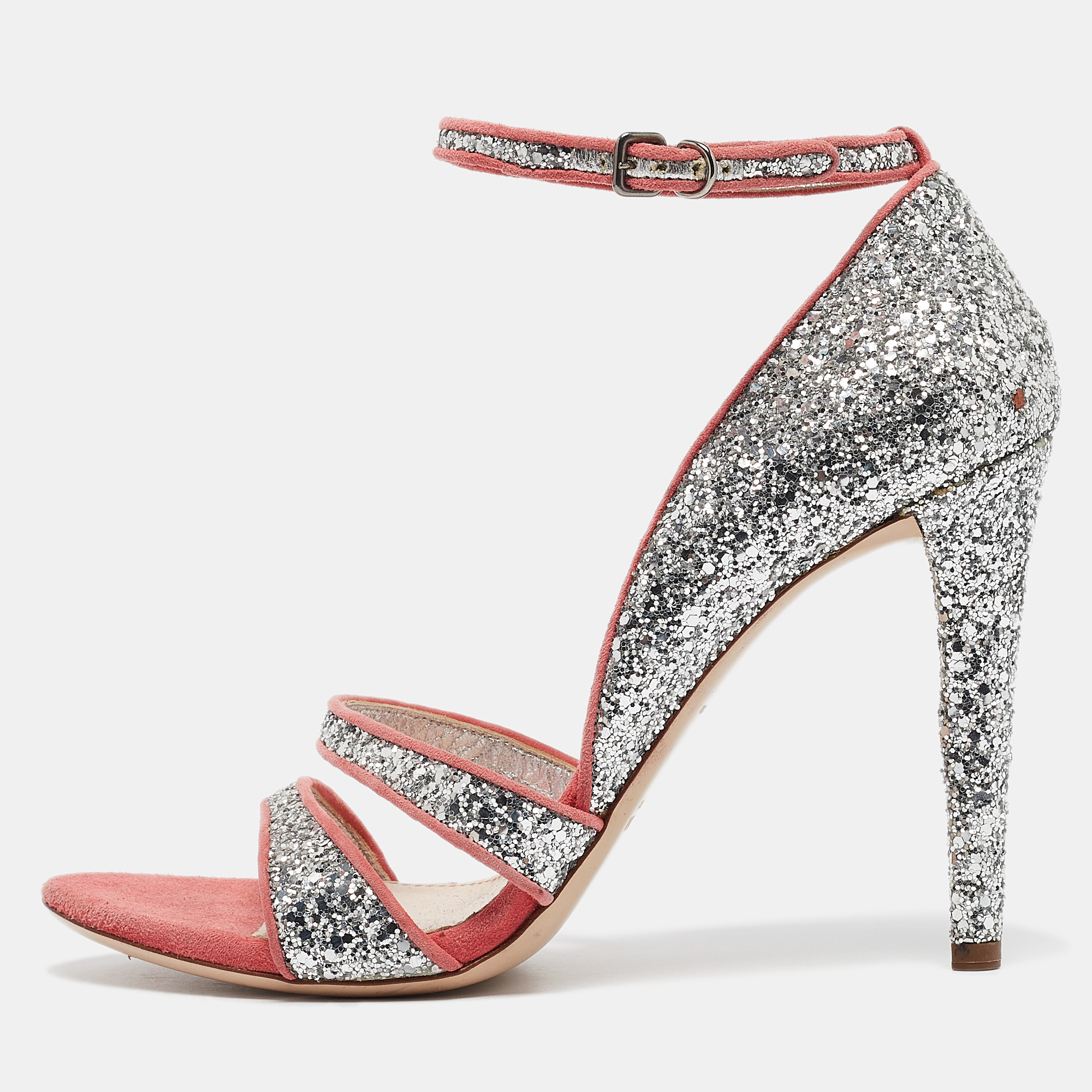 

Miu Miu Silver Glitter Suede Ankle Strap Sandals Size