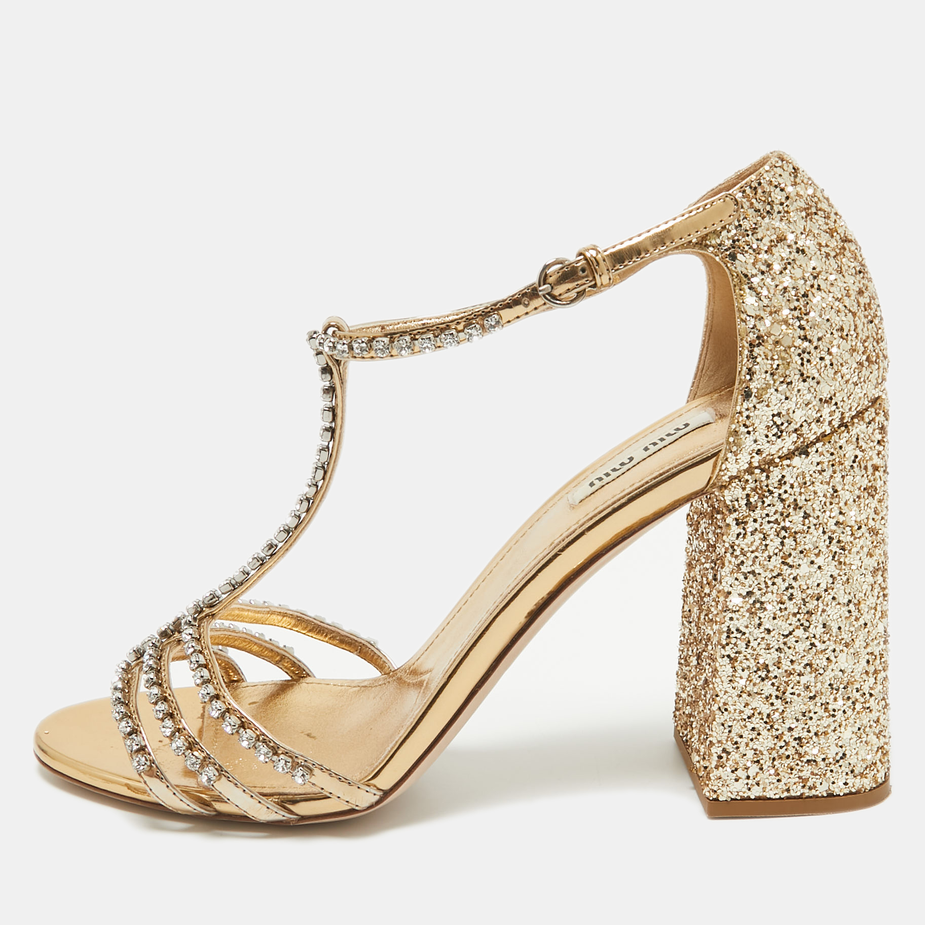 

Miu Miu Metallic Glitter Crystal Embellished Ankle Strap Sandals Size