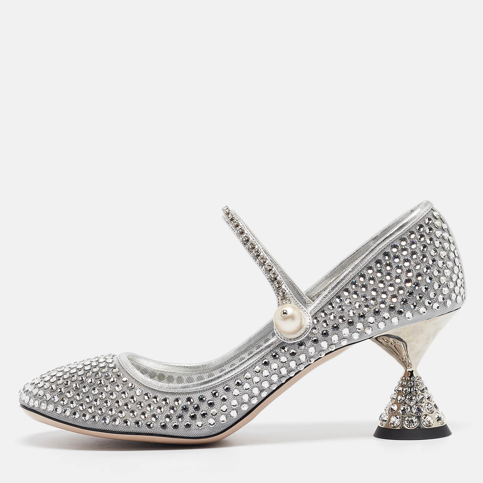 

Miu Miu Silver Leather and Mesh Crystal Embellished Pumps Size