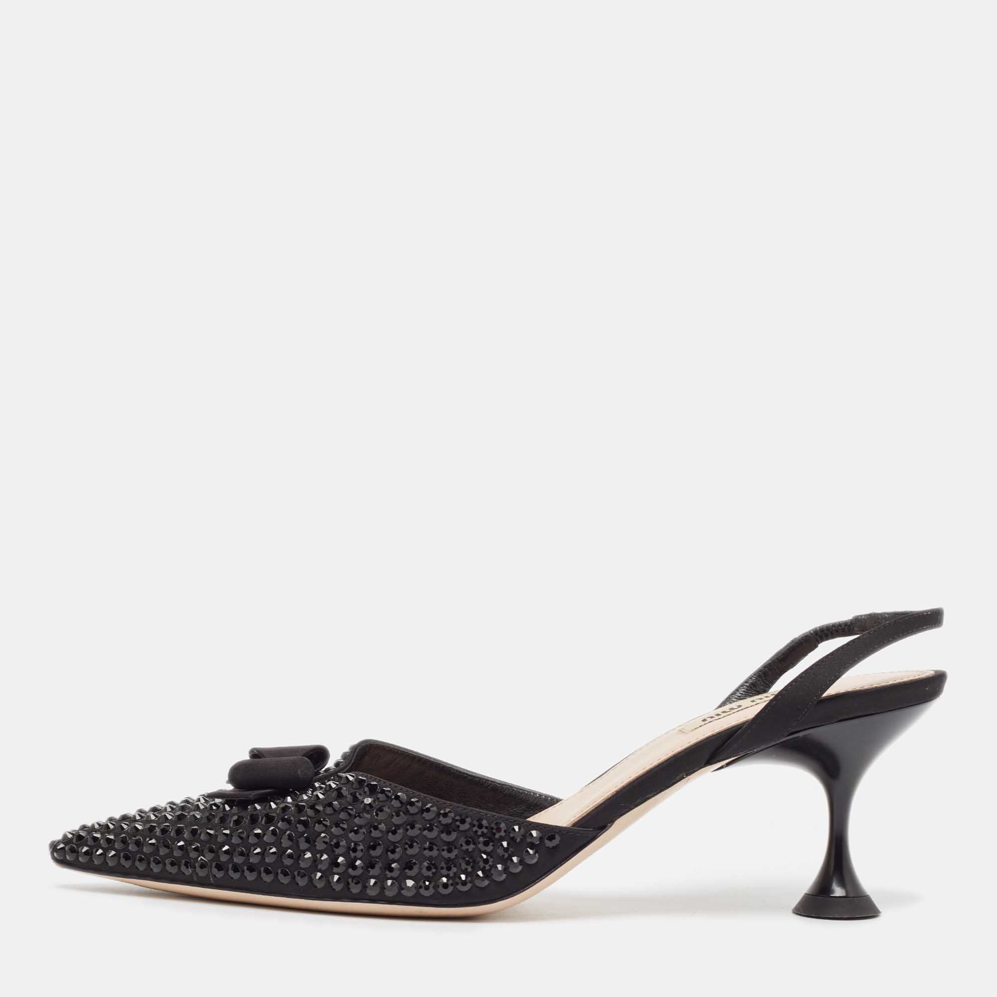 

Miu Miu Black Crystal Embellished Fabric Bow Slingback Pumps Size