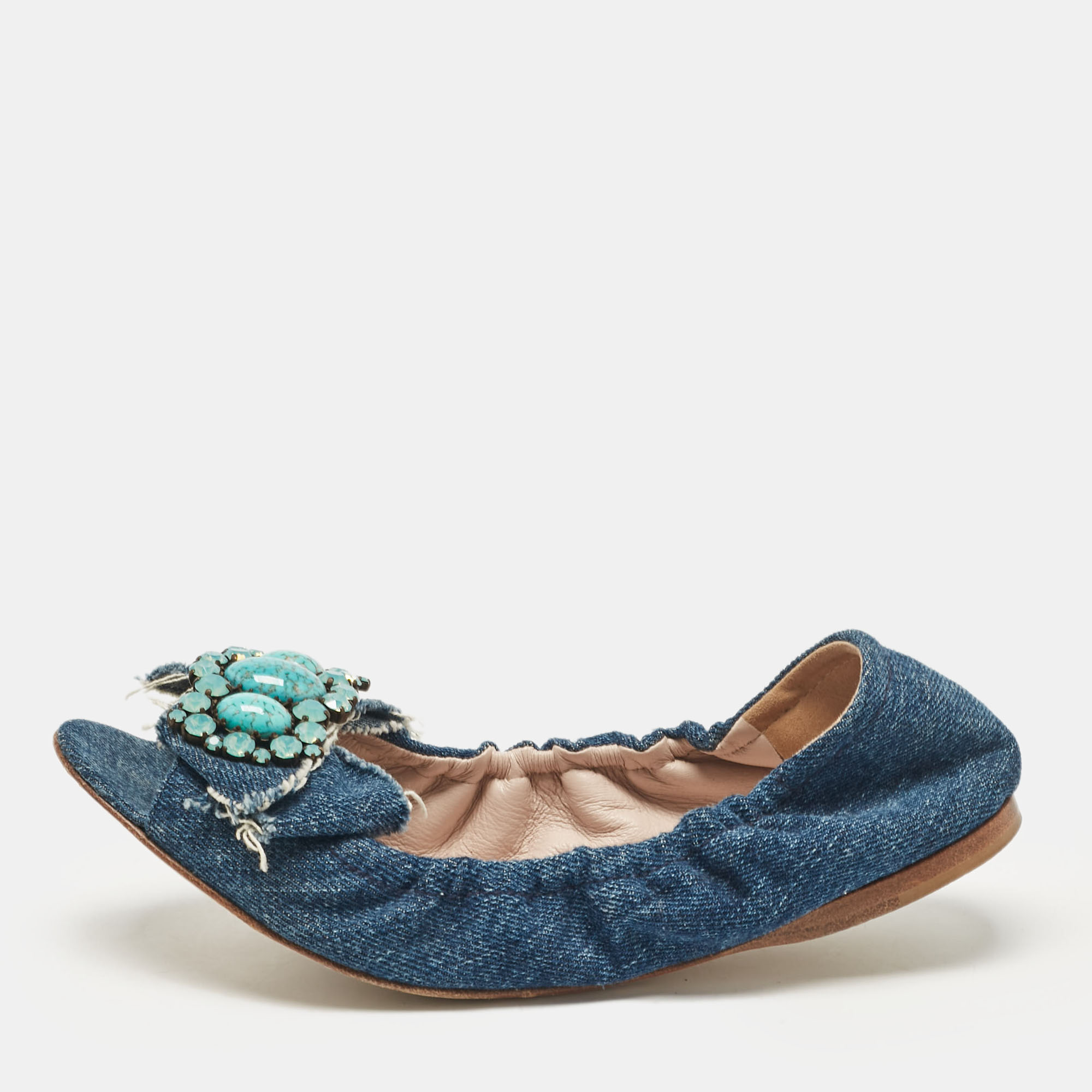 

Miu Miu Blue Denim Crystal Embellished Bow Scrunch Open Toe Flats Size