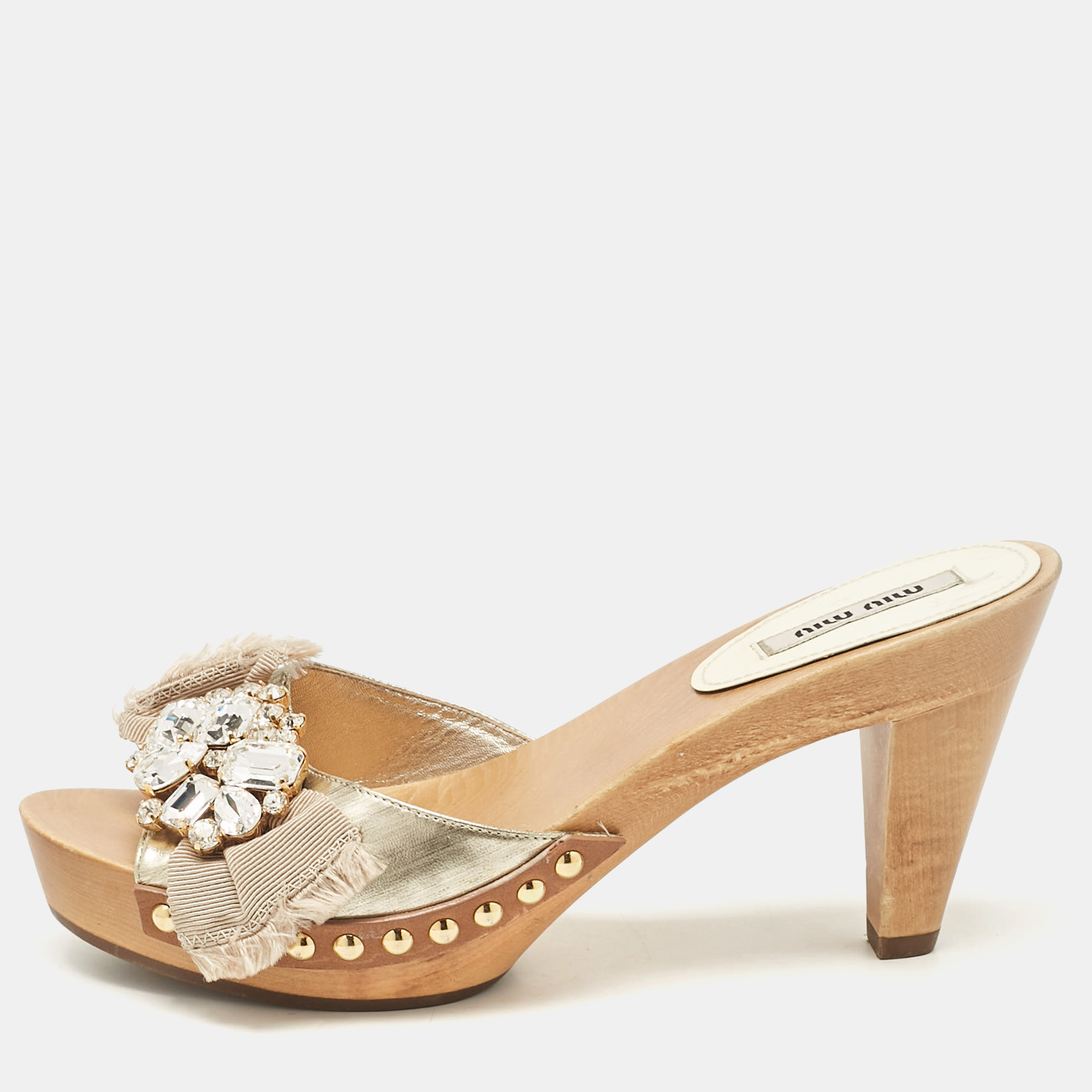 

Miu Miu Gold Leather Crystal Embellished Slide Sandals Size