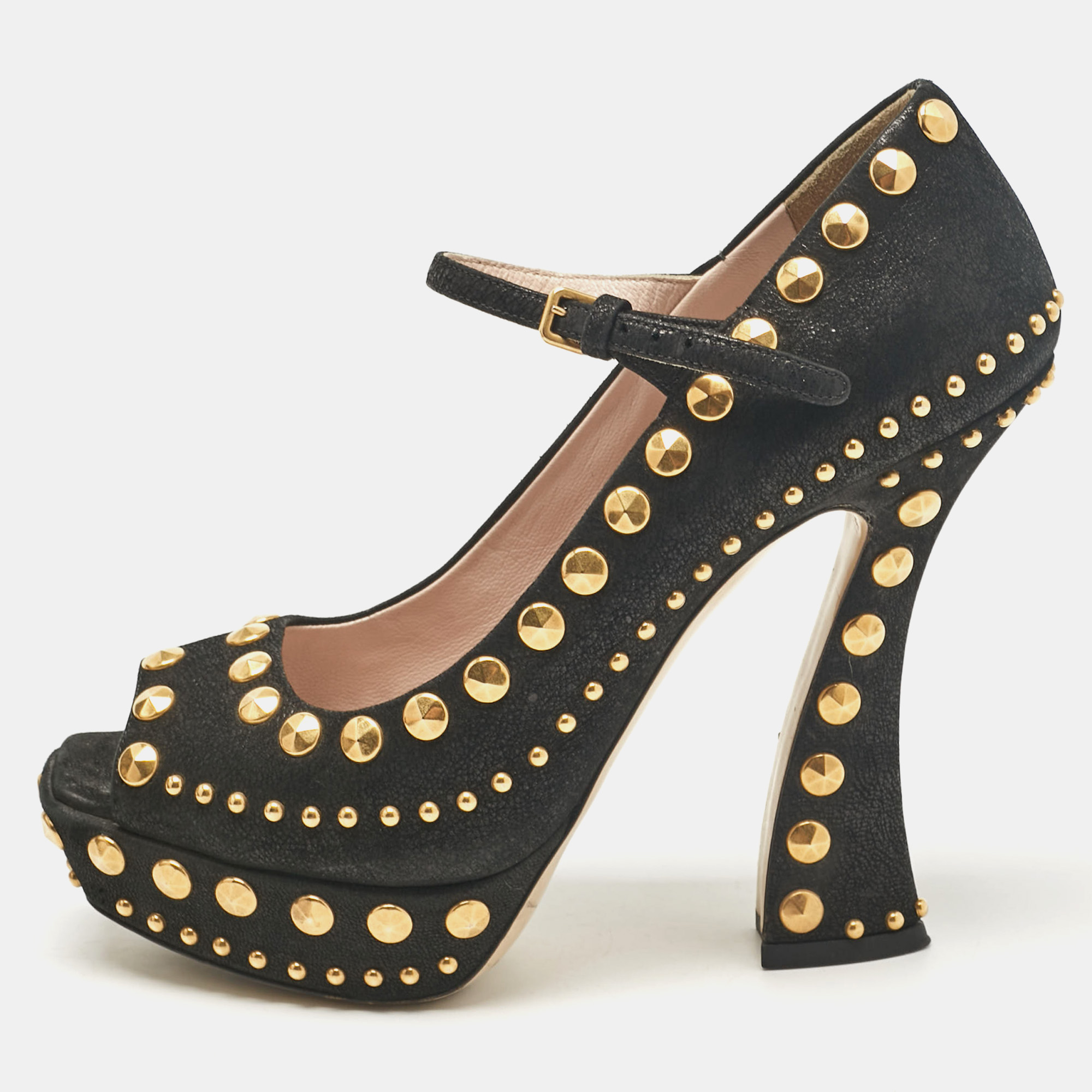 

Miu Miu Black Leather Studded Open Toe Platform Mary Jane Pumps Size