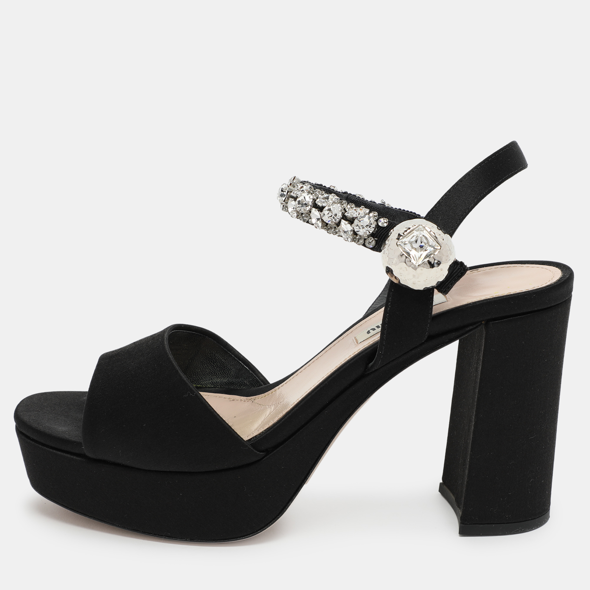 

Miu Miu Black Satin Crystal Embellished Platform Ankle Strap Sandals Size