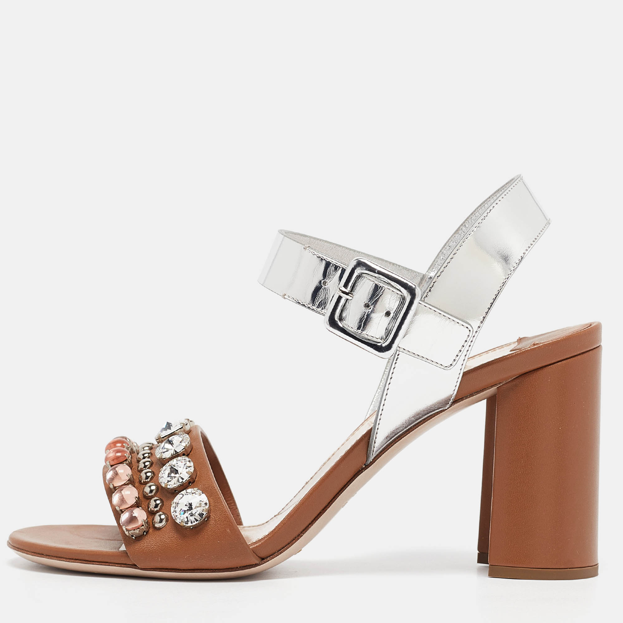 

Miu Miu Brown/Sliver Leather Crystal Embellished Ankle Strap Sandals Size